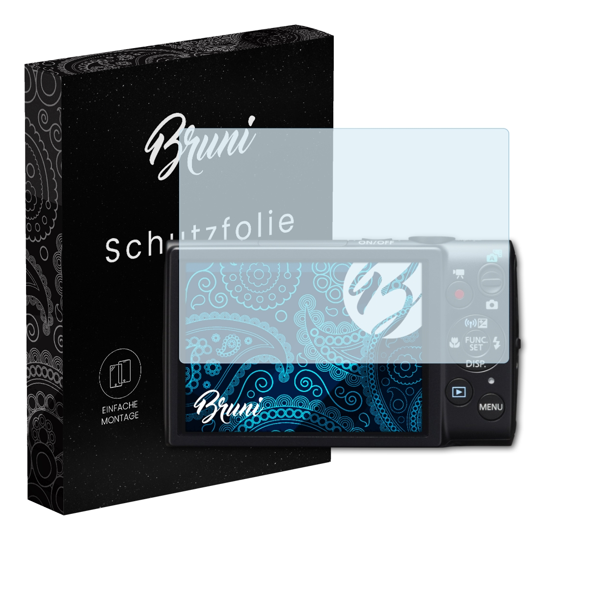 Kamera mit Displayschutzfolie, Box mit 'Bruni' Logo. Der Schutz ist durchscheinend.