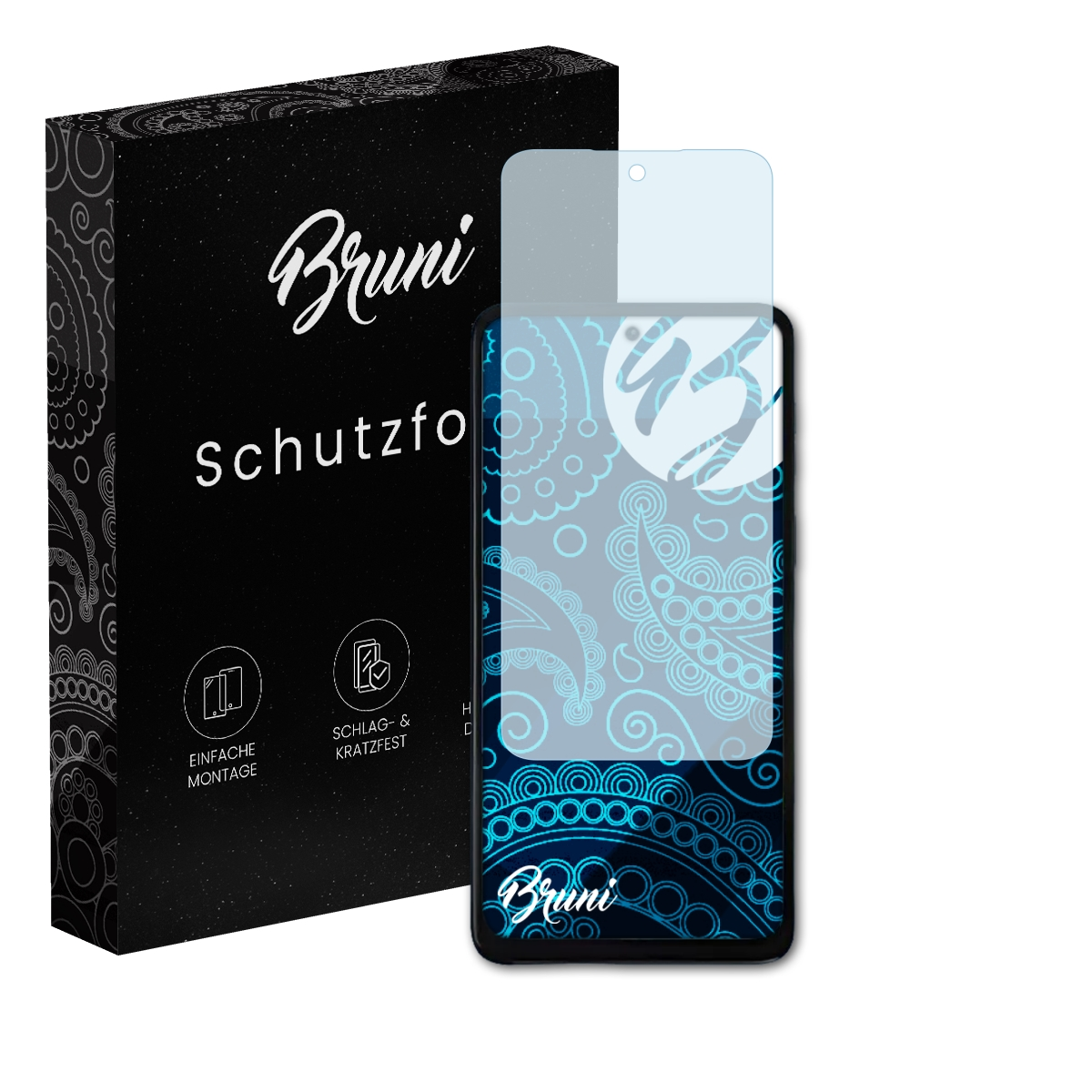 Ein Smartphone mit Displayschutzfolie und eine schwarze Schachtel mit der Aufschrift 'Bruni Schutzfolie'.