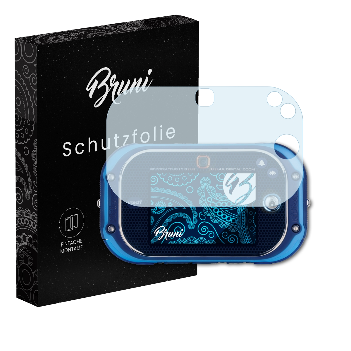 Schwarze Box mit Bruni-Etikett und Displayschutzfolie über einer blauen Kamera.