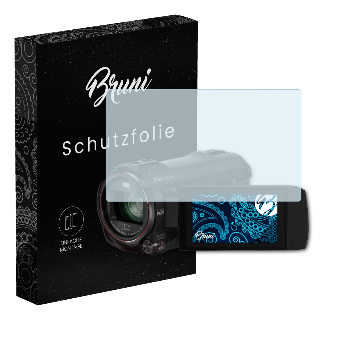 Eine Kamera mit Bruni-Schutzfolie, Box im Hintergrund.