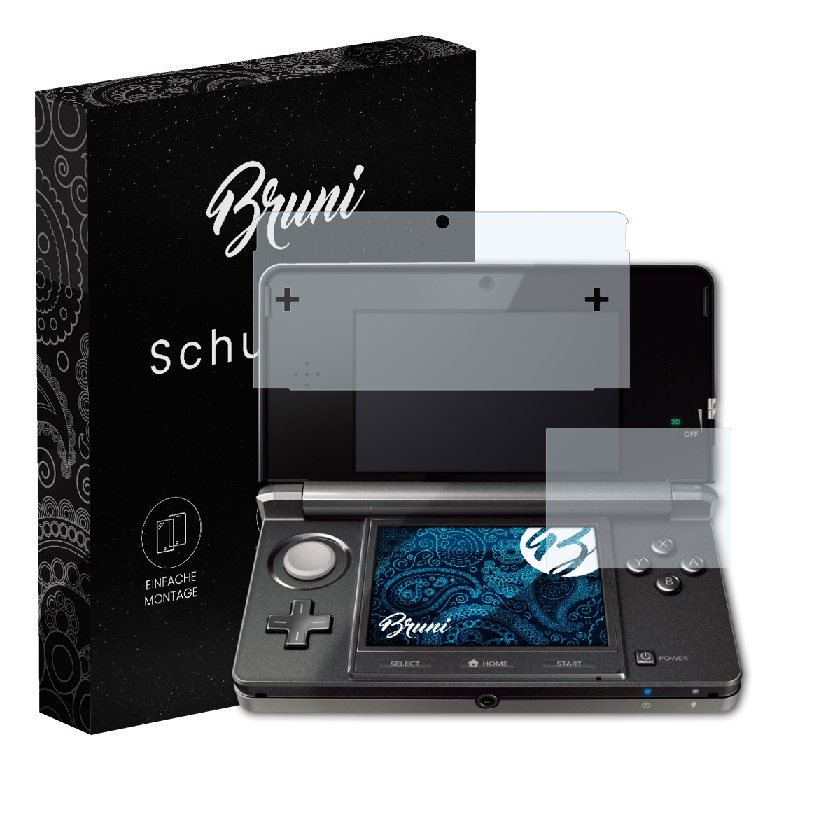 Ein 3DS-Displayschutz mit einer Box, Gerät und Schutz auf weißem Hintergrund.