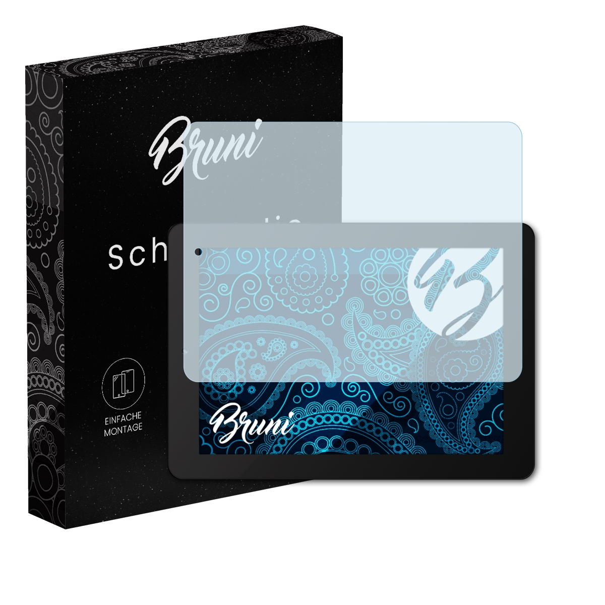 Ein Tablet mit Displayschutzfolie, Schachtel von Bruni Schutzfolie. Das Tablet zeigt ein blaues Paisley-Muster.
