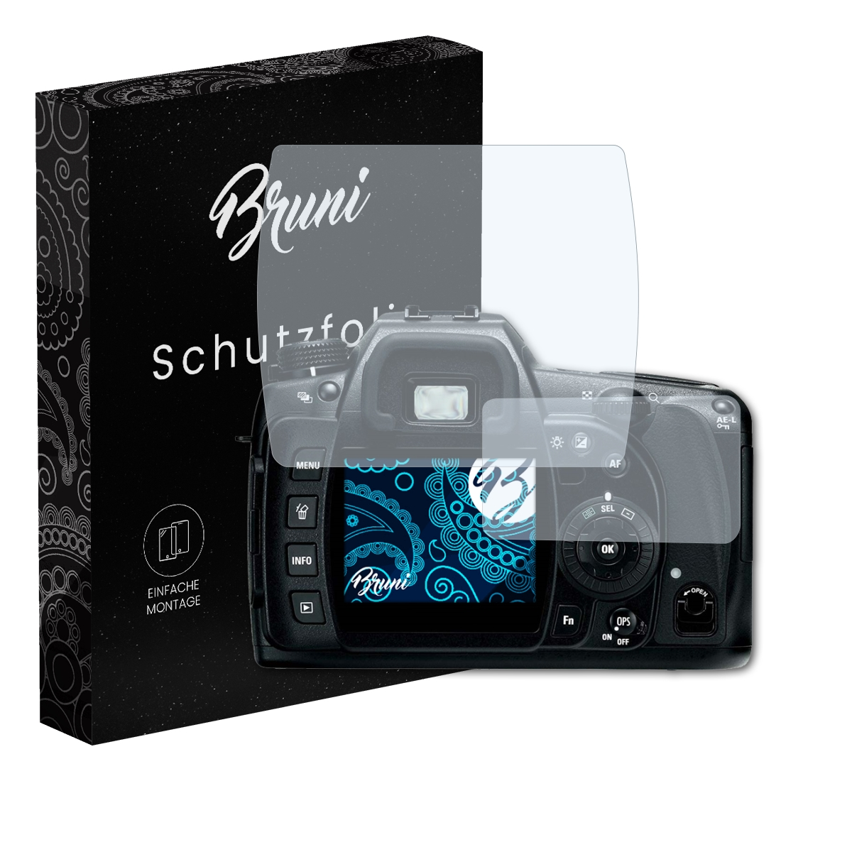 Kamera mit Displayschutzfolie. Schwarze Box mit Text und Logos. Weißer Hintergrund.