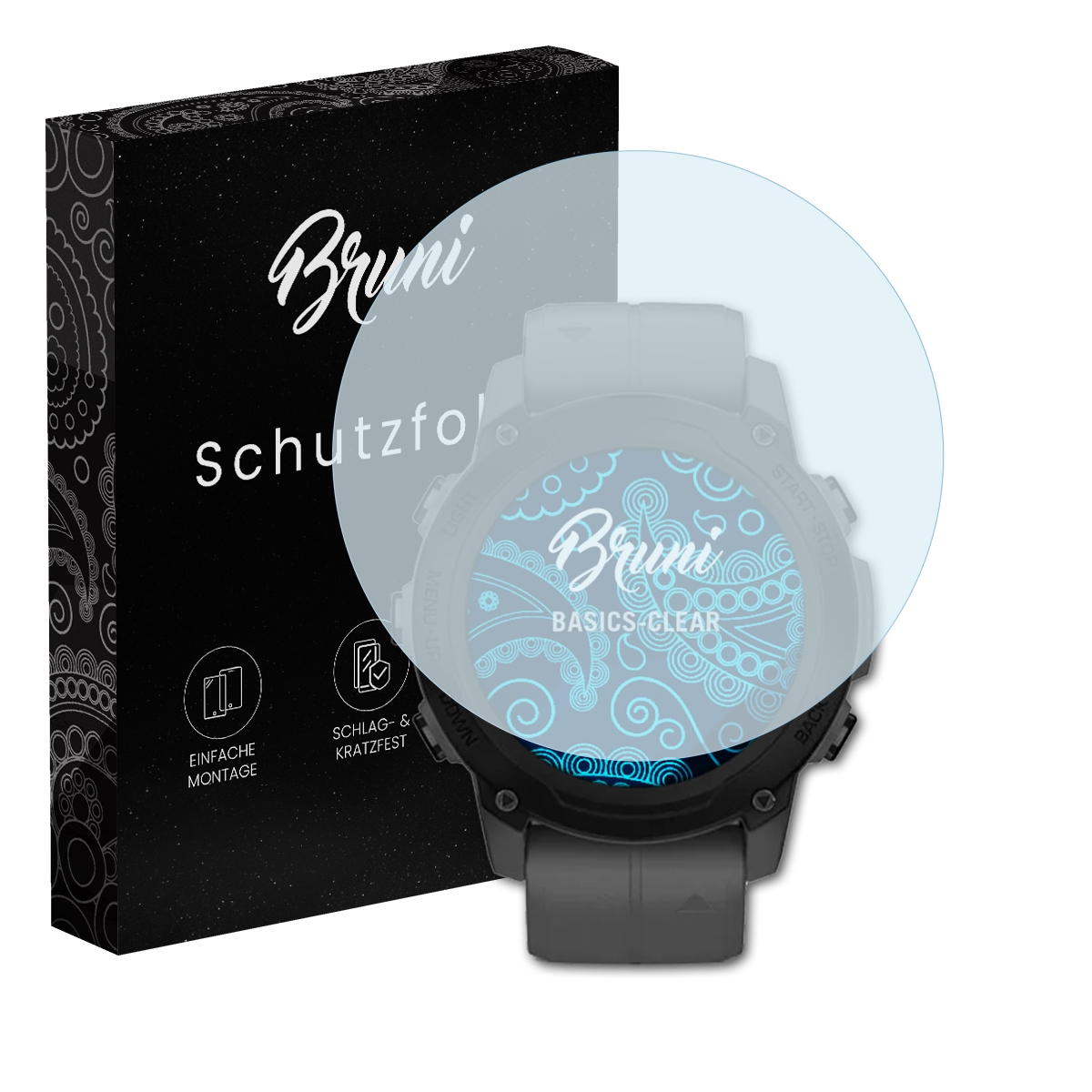 Eine Smartwatch mit Displayschutzfolie und eine schwarze Box mit 'Bruni'.