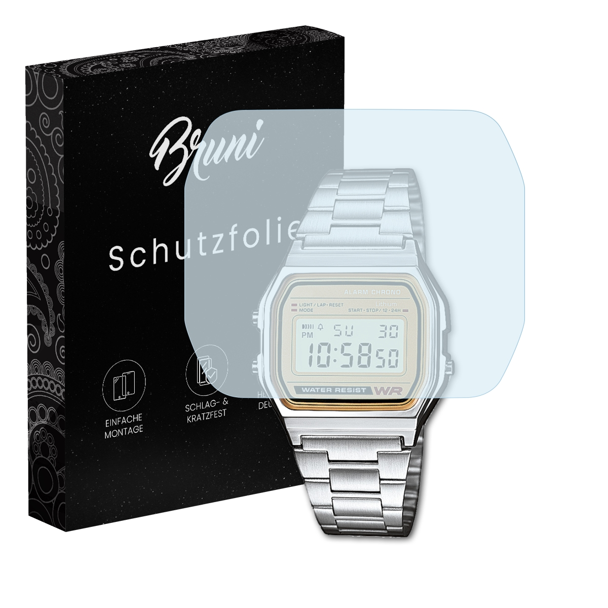 Eine Uhr mit Displayschutzfolie und eine schwarze Box mit dem Markennamen 'Bruni'.