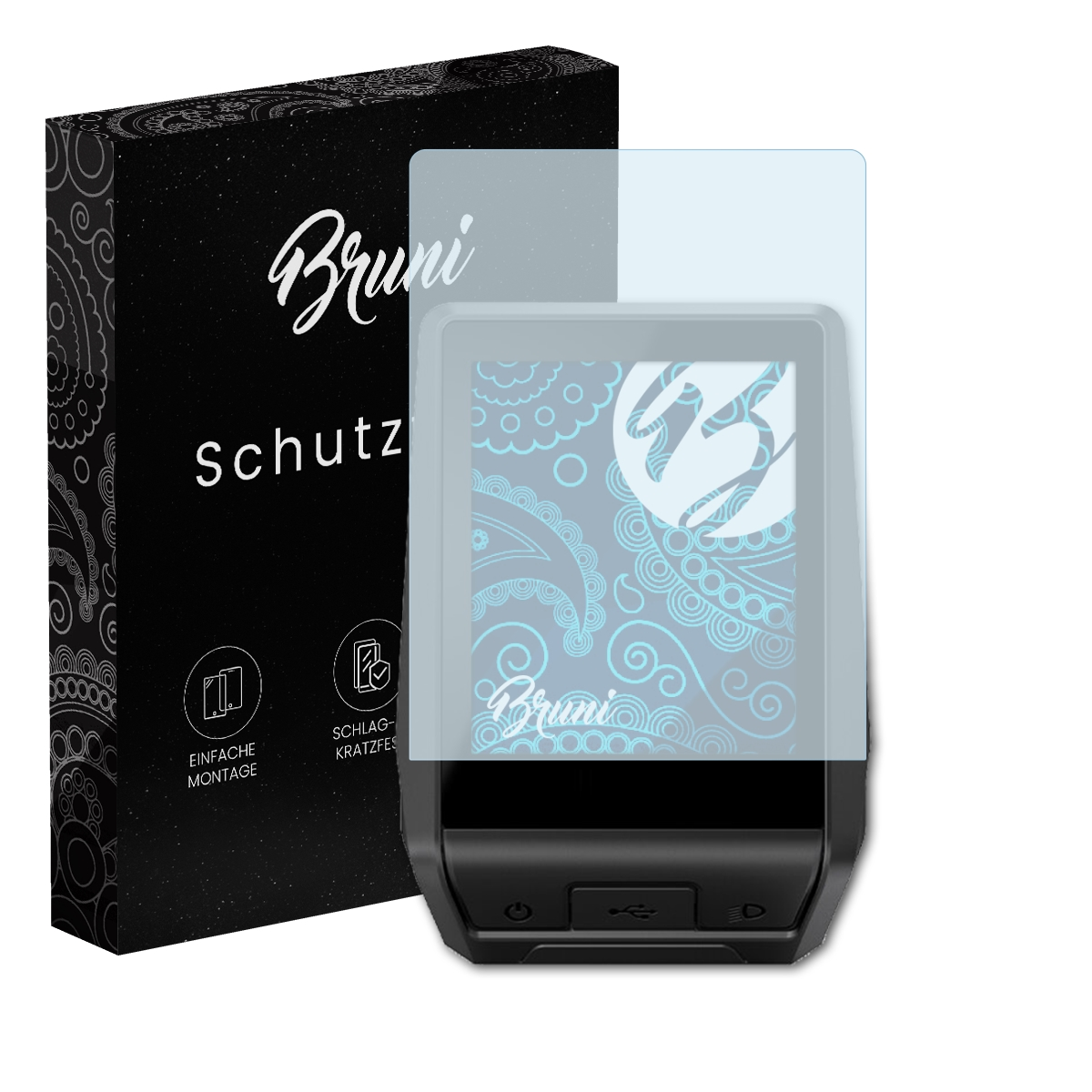 E-Reader mit Displayschutz. Links eine Schachtel mit Logo. Der Schutz ist klar.