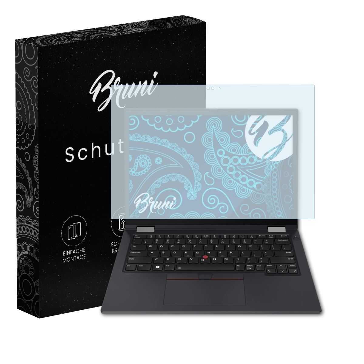 Schwarzer Laptop mit Displayschutzfolie. Box mit Text 'Bruni Schutz'.