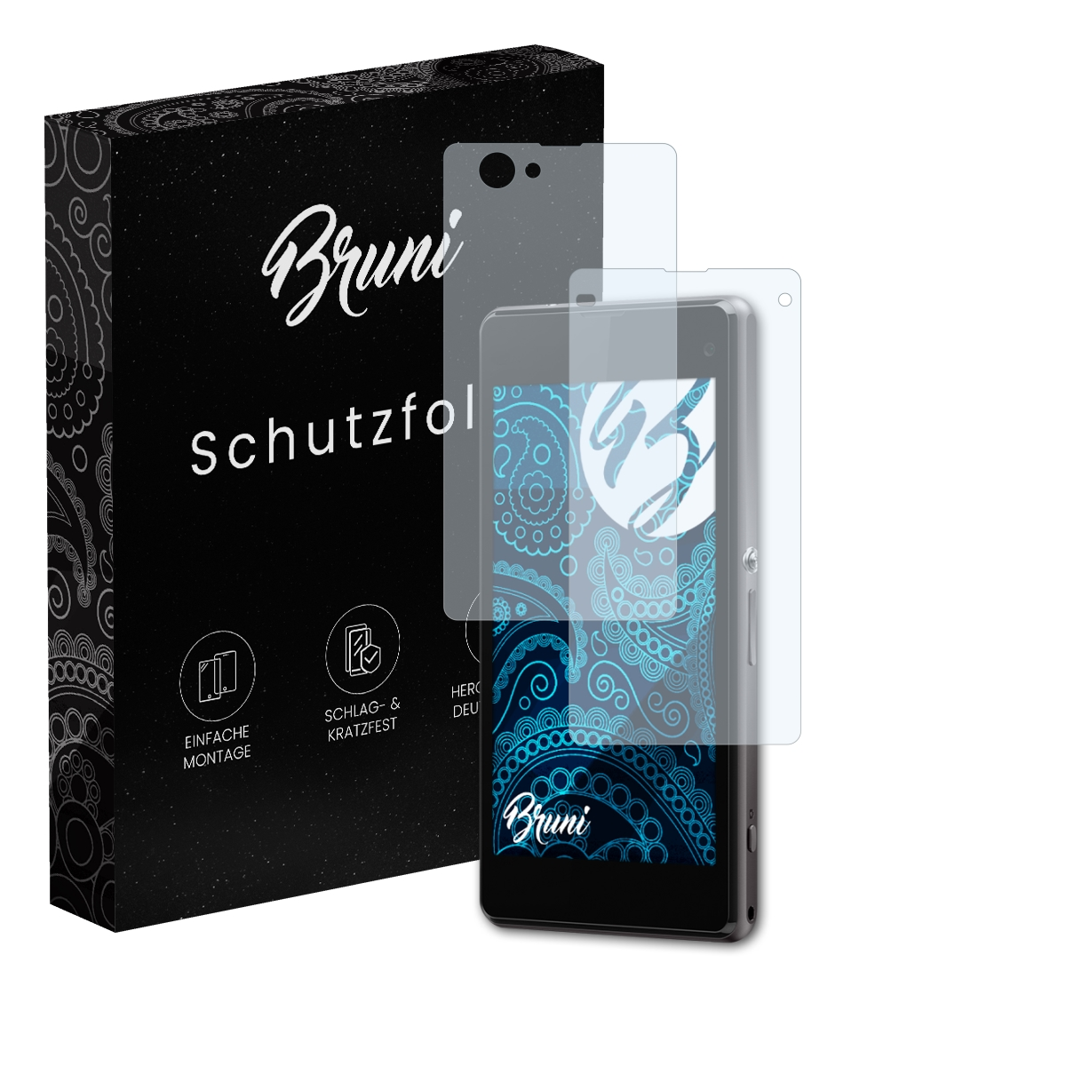 Ein Smartphone mit Displayschutzfolien neben einer schwarzen Box mit Text und Logos.
