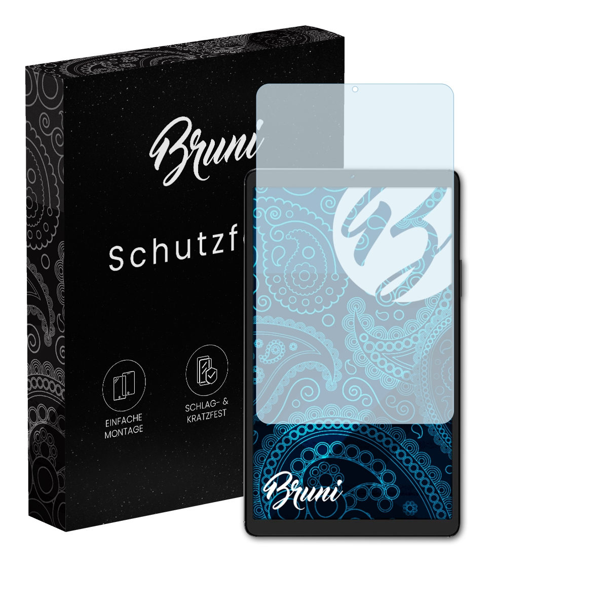 Ein Displayschutz und eine Schachtel mit dem Markennamen 'Bruni' sind vor weißem Hintergrund sichtbar.