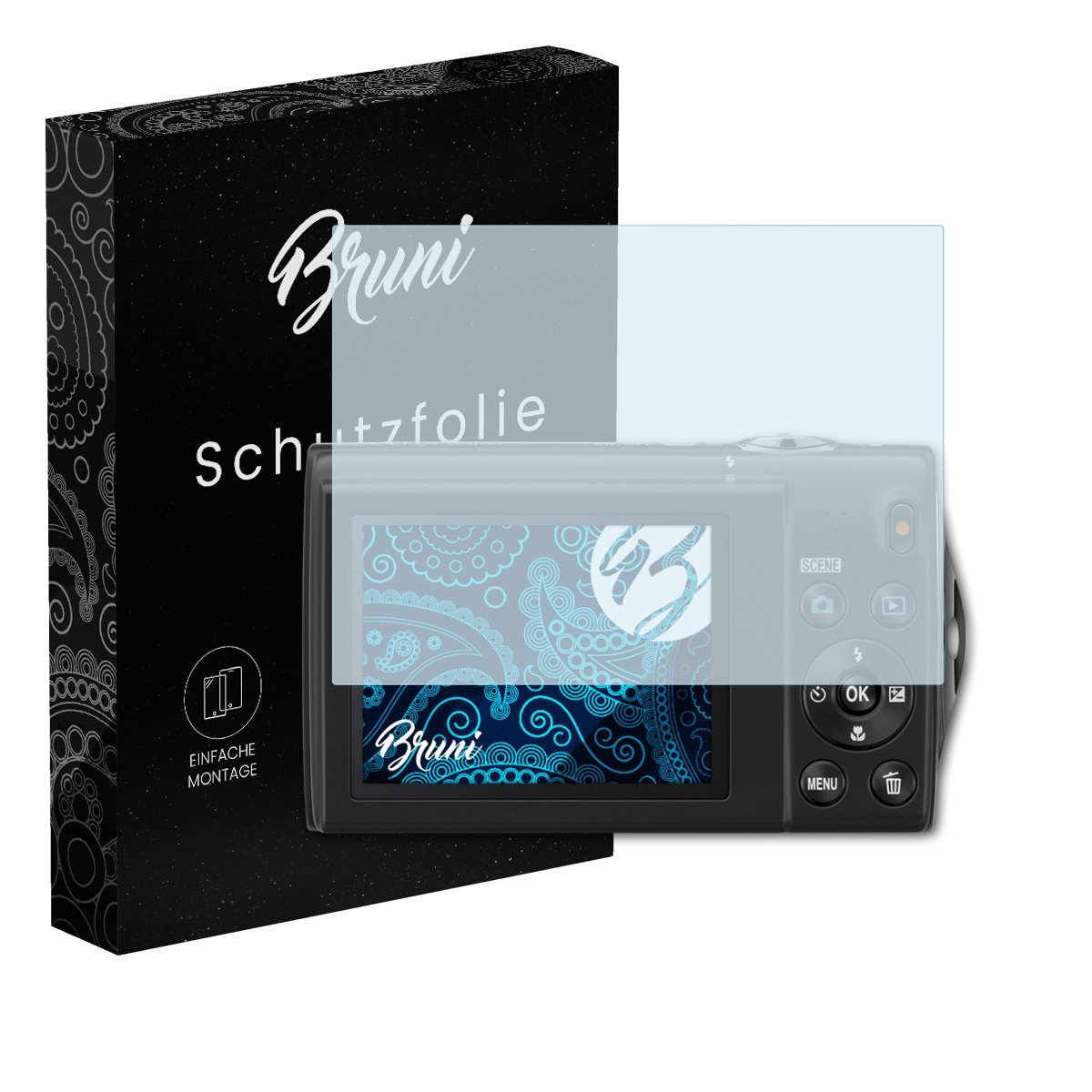 Displayschutz auf Kamera. Branding-Box. Hellblauer, gemusterter Hintergrund.