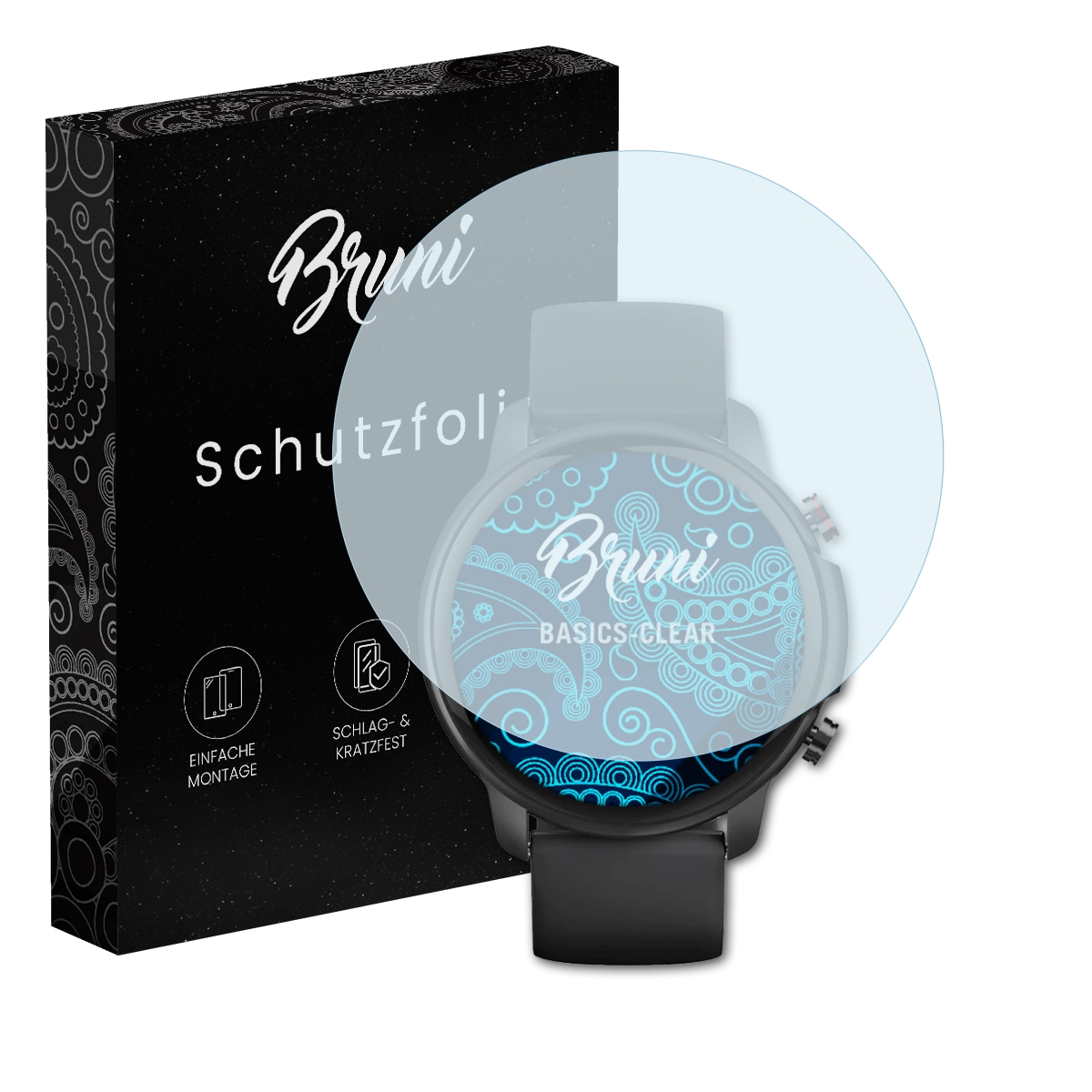 Ein Smartwatch Displayschutz mit Design vor einer Schachtel.