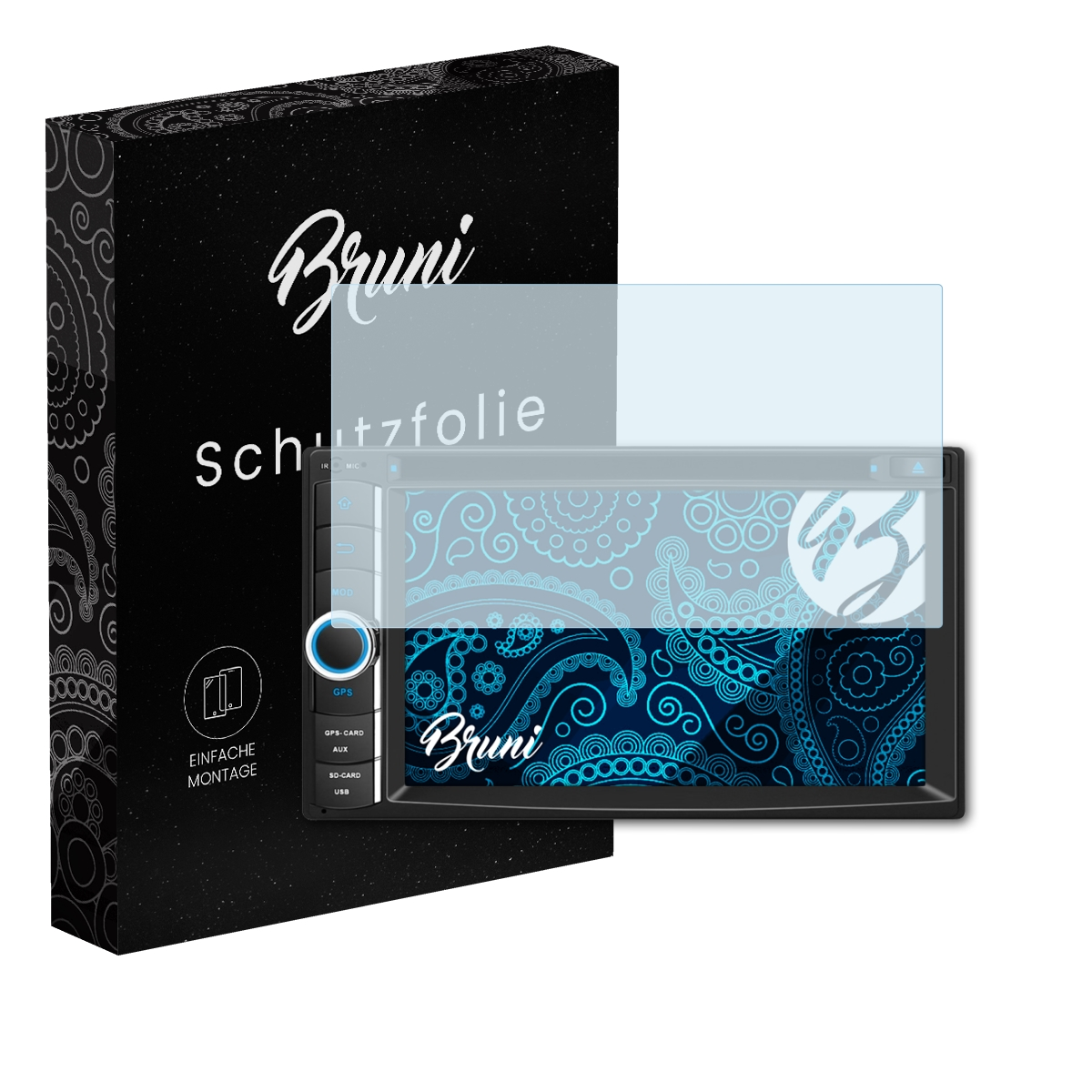 Ein Autoradio mit Displayschutzfolie, eine Box mit 'Bruni'-Logo und Text.
