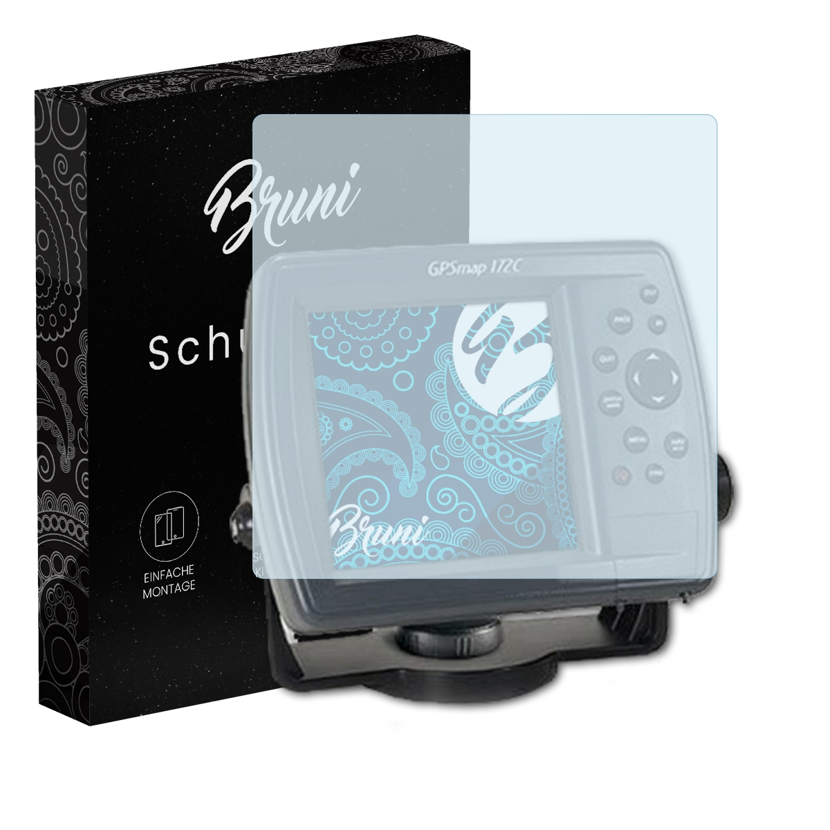 Schwarze Box mit Logo neben einem Gerät mit Bildschirm und Displayschutz.