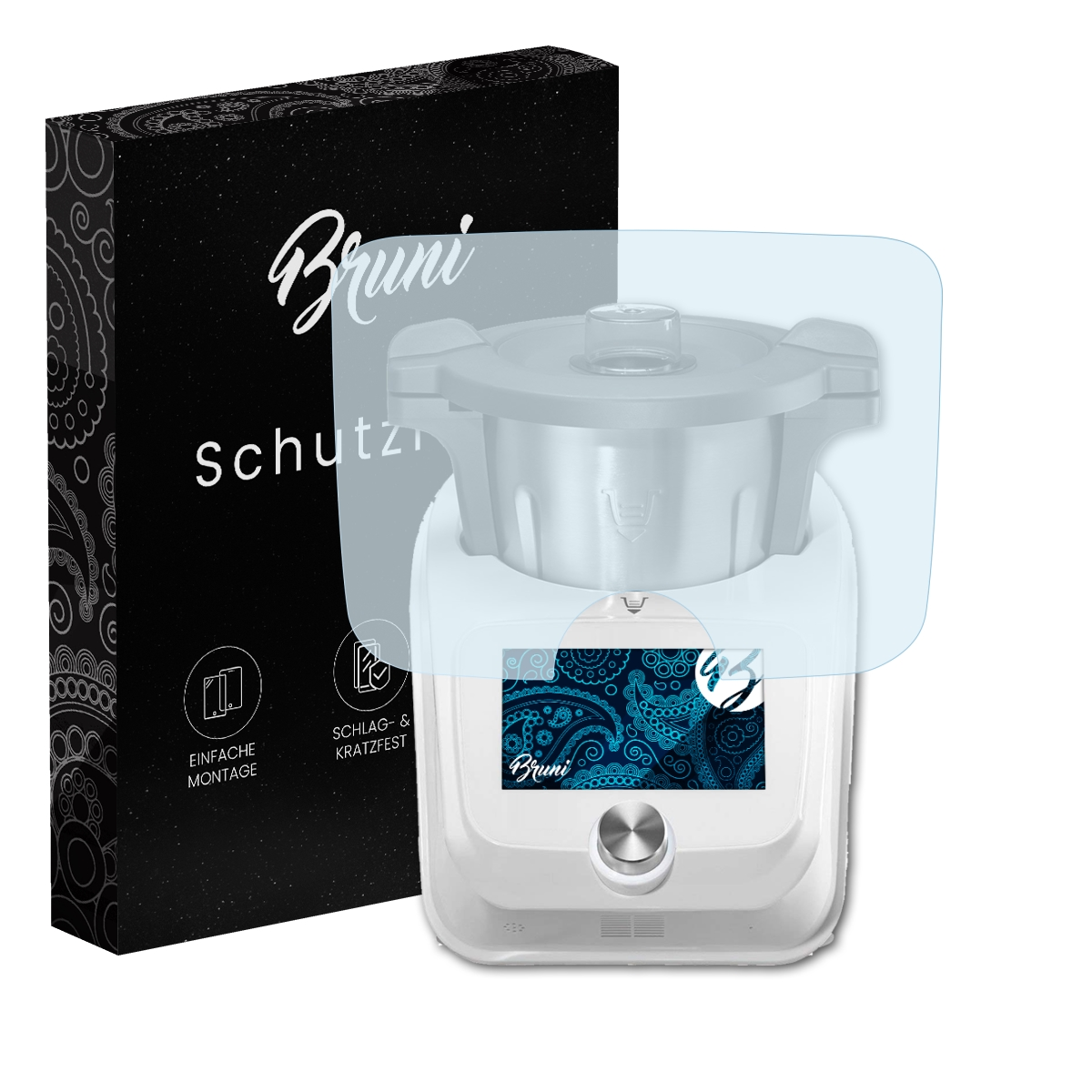 Küchengerät mit Displayschutzfolie und schwarzer Box mit Text 'Bruni Schutzfolie'.