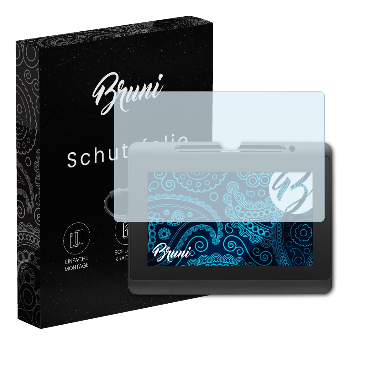 Schwarze Box mit Logo neben einem Gerät mit Bildschirm und Displayschutz.