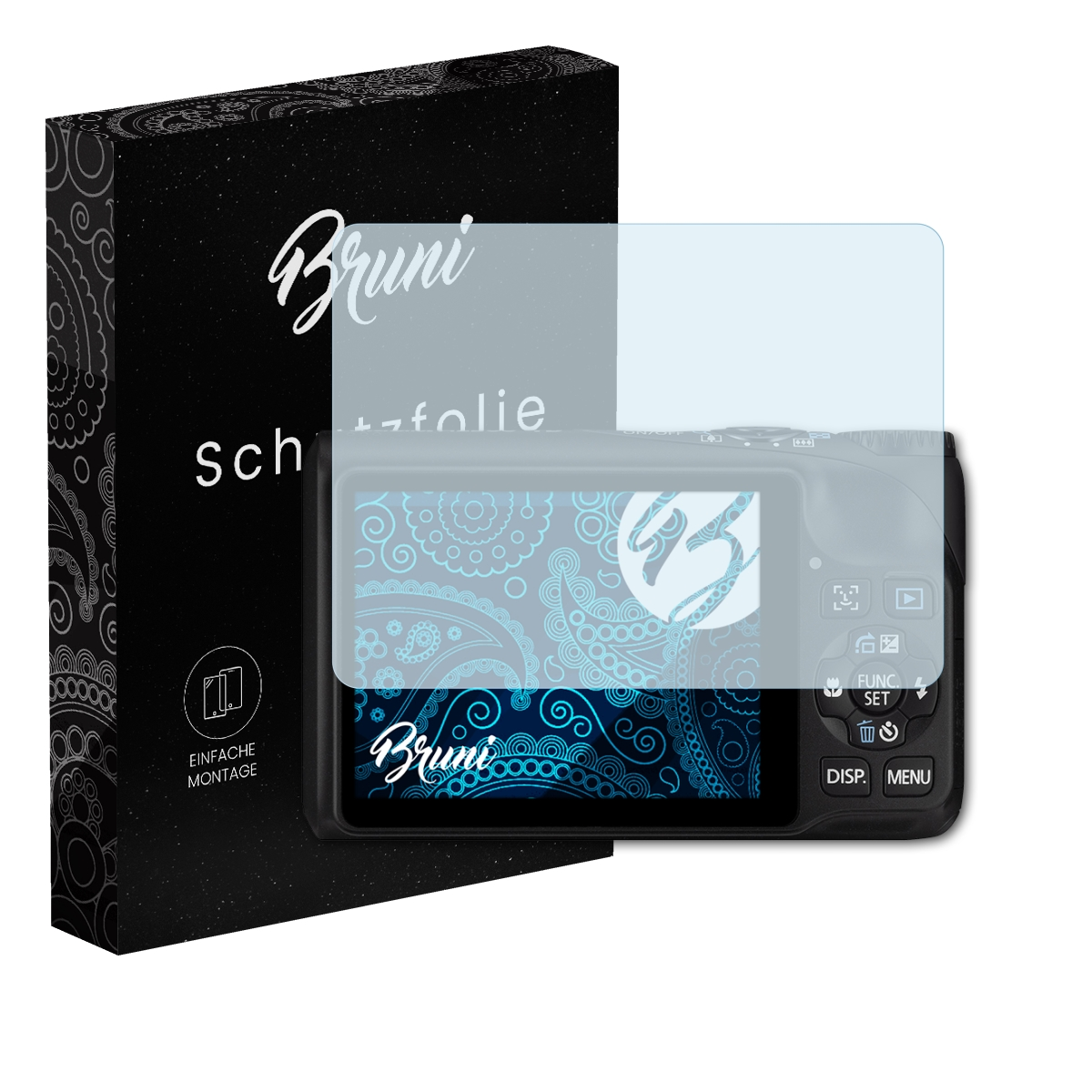 Schwarze Box mit 'Bruni' und Kamera mit Schutzfolie. Kamera-Bildschirm mit blauem Design.