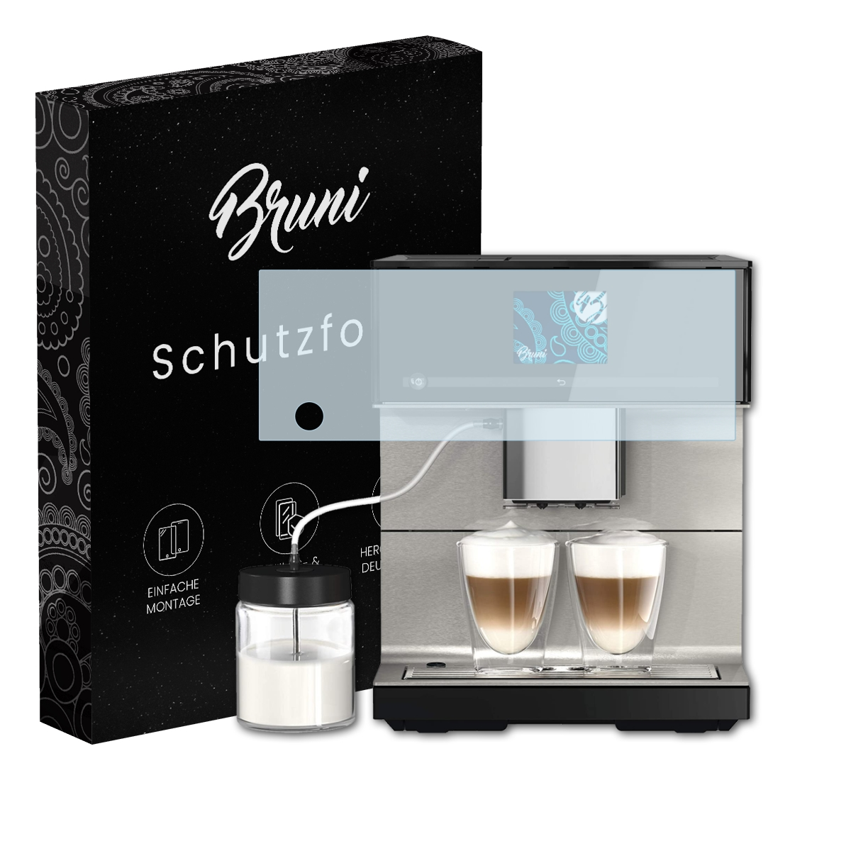 Kaffeemaschine mit zwei Kaffeegläsern, Zuckerbehälter und einer Schachtel mit 'Bruni Schutzfolie'.