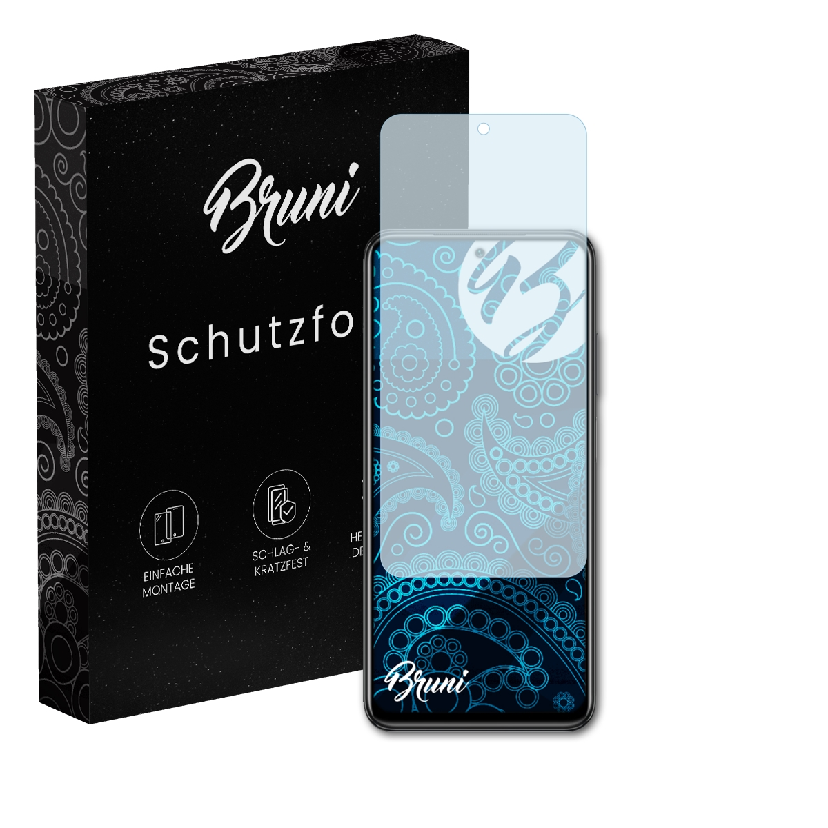 Ein Telefon mit Displayschutzfolie neben einer schwarzen Box mit der Aufschrift Bruni Schutzfolie.
