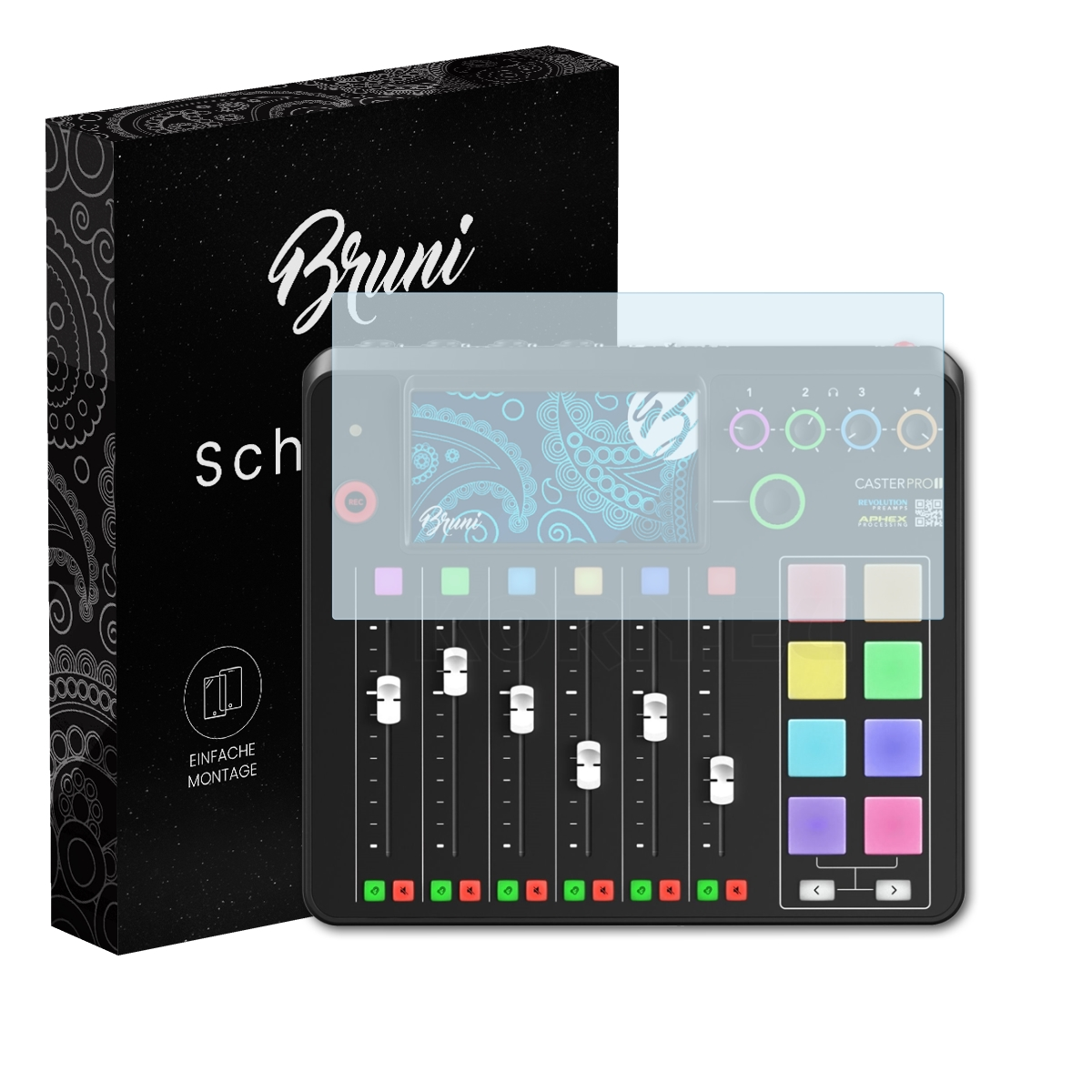 Schwarze Box, Displayschutz auf einem schwarzen Audiomixer.