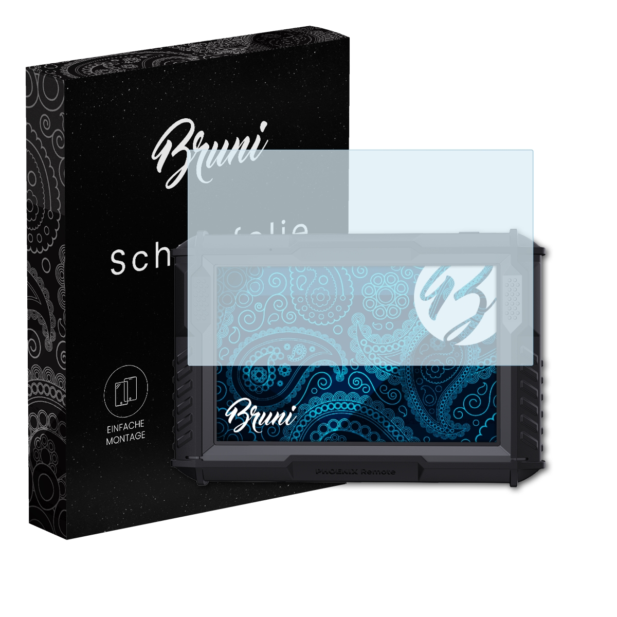 Displayschutzfolie und Verpackung. Der Schutz ist auf einem Gerät mit blauem Paisley-Muster.