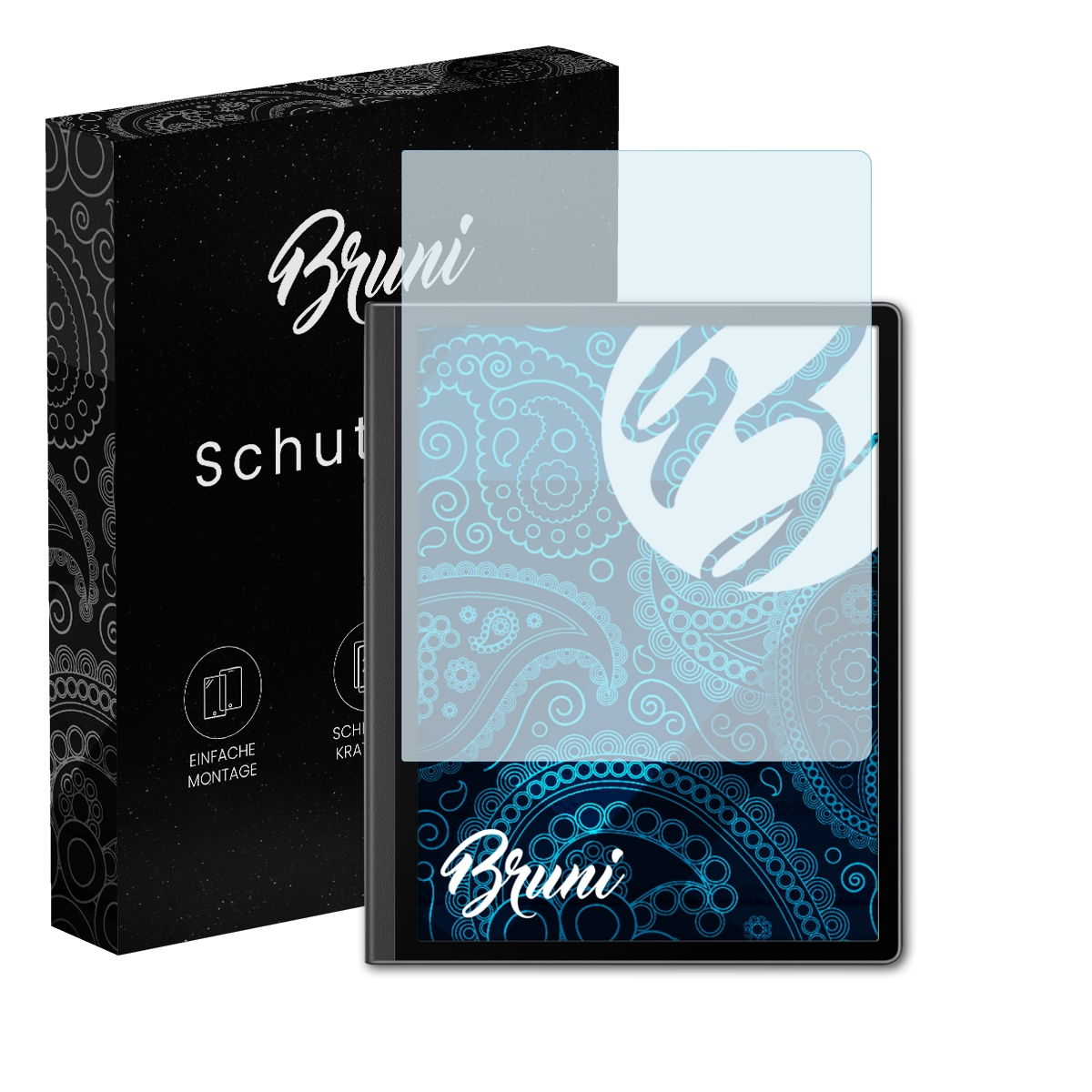 Ein Displayschutz auf einem Tablet. Links ist eine schwarze Box mit dem Markennamen.