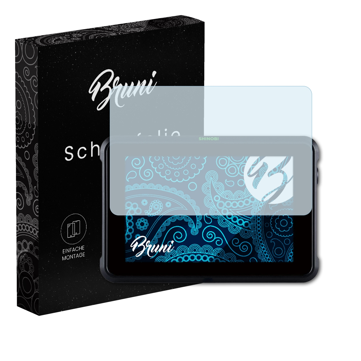 Ein Tablet mit Displayschutzfolie neben einer schwarzen Box. Die Box hat den Markennamen 'Bruni'.