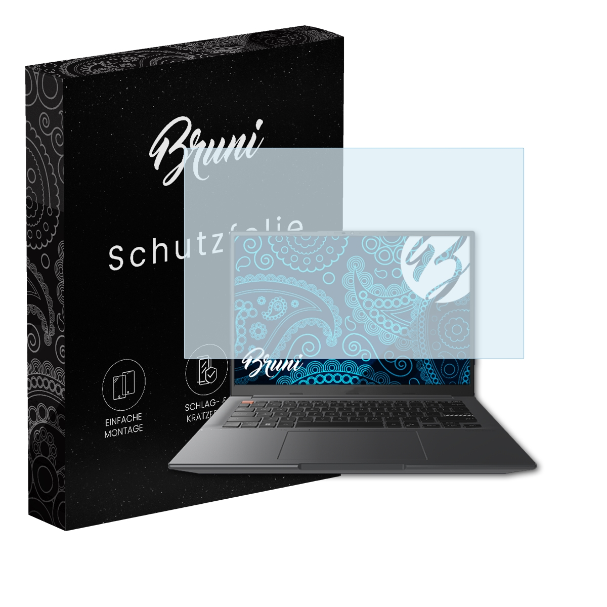 Ein Laptop mit Displayschutzfolie neben einer schwarzen Box. Die Box hat den Markennamen 'Bruni'.