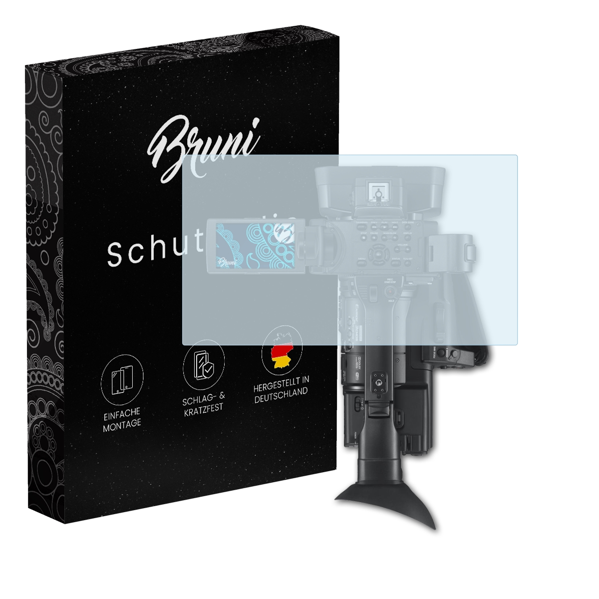 Kamera mit Displayschutzfolie und Box, hergestellt in Deutschland. Die Folie ist auf dem Kamerabildschirm angebracht.
