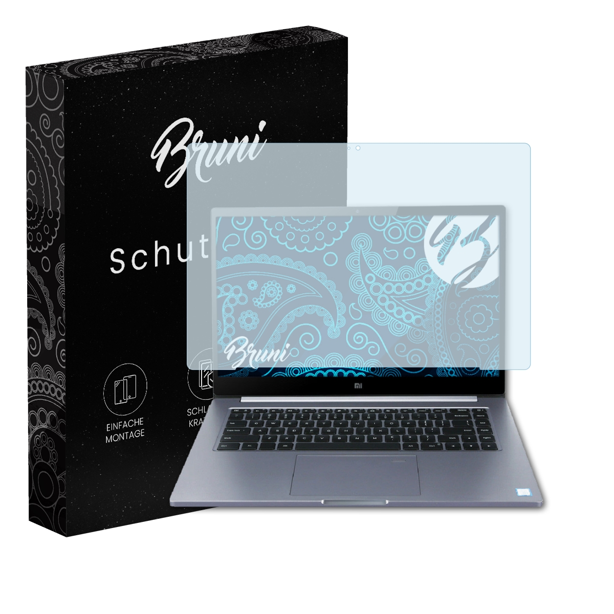 Laptop mit Displayschutzfolie. Links eine Box mit dem Text 'Bruni Schutzfolie'.