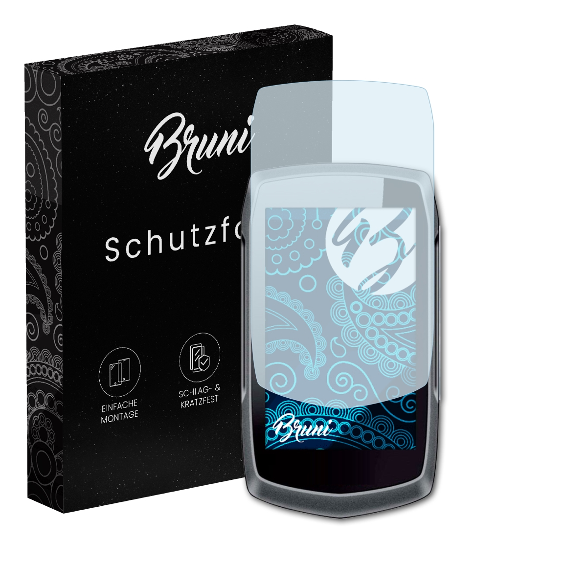 Ein Telefon mit Displayschutz und Markenbox.