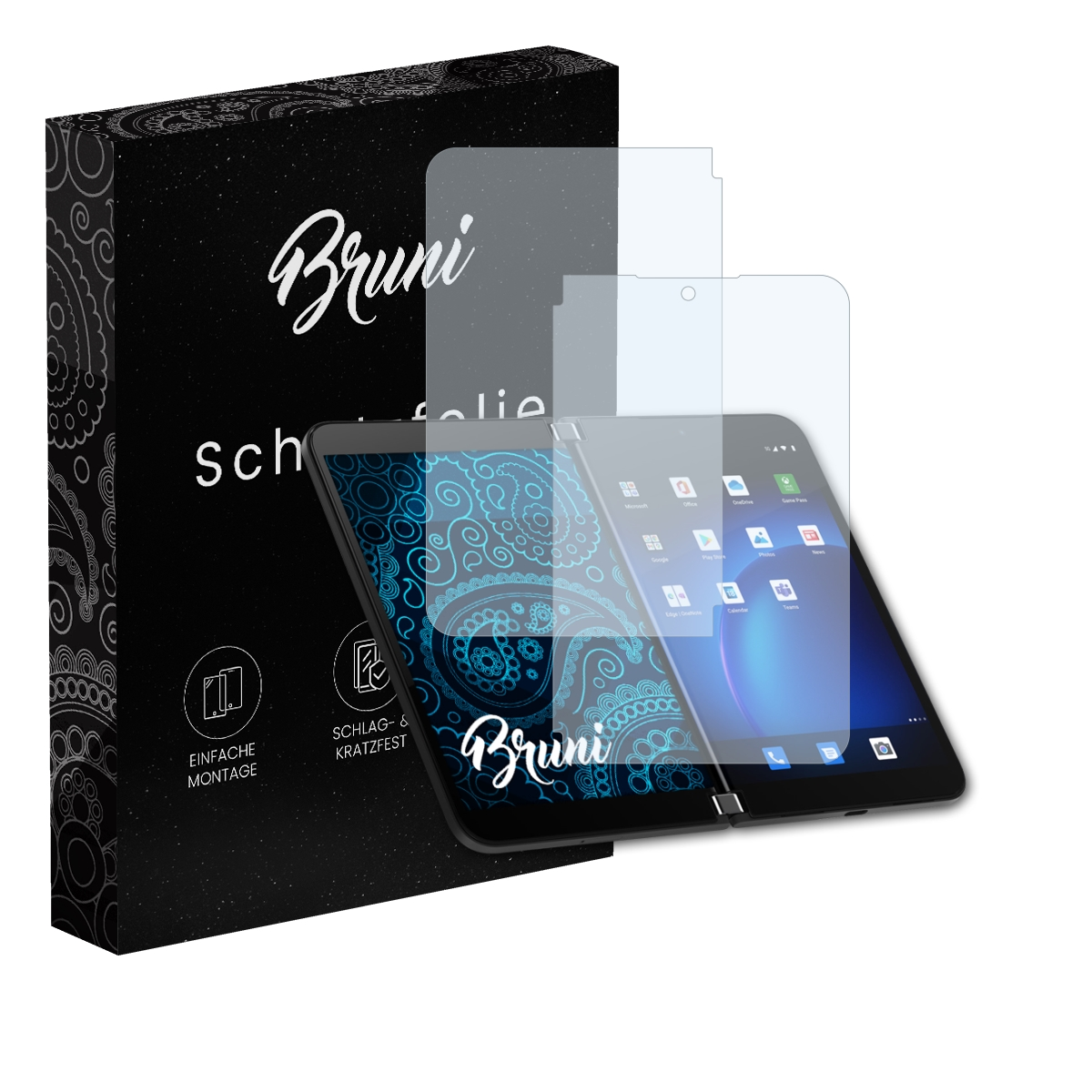 Ein Tablet mit Displayschutzfolien neben einer Box. Beide haben das 'Bruni'-Logo und 'Schutzfolie'.