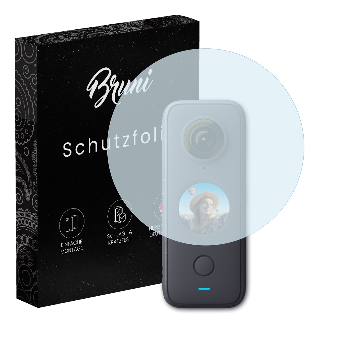 Action-Kamera mit Schutzfolie, Schachtel mit Text 'Bruni Schutzfolie'.