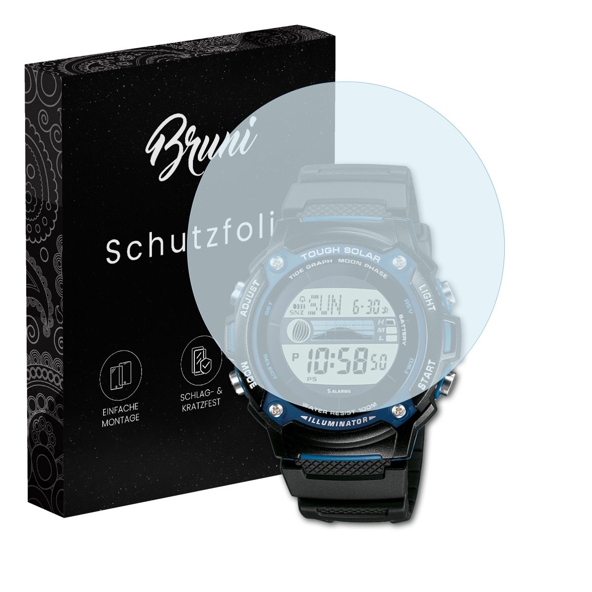 Eine Uhr mit Displayschutzfolie und eine schwarze Box mit dem Text 'Bruni Schutzfolie'.