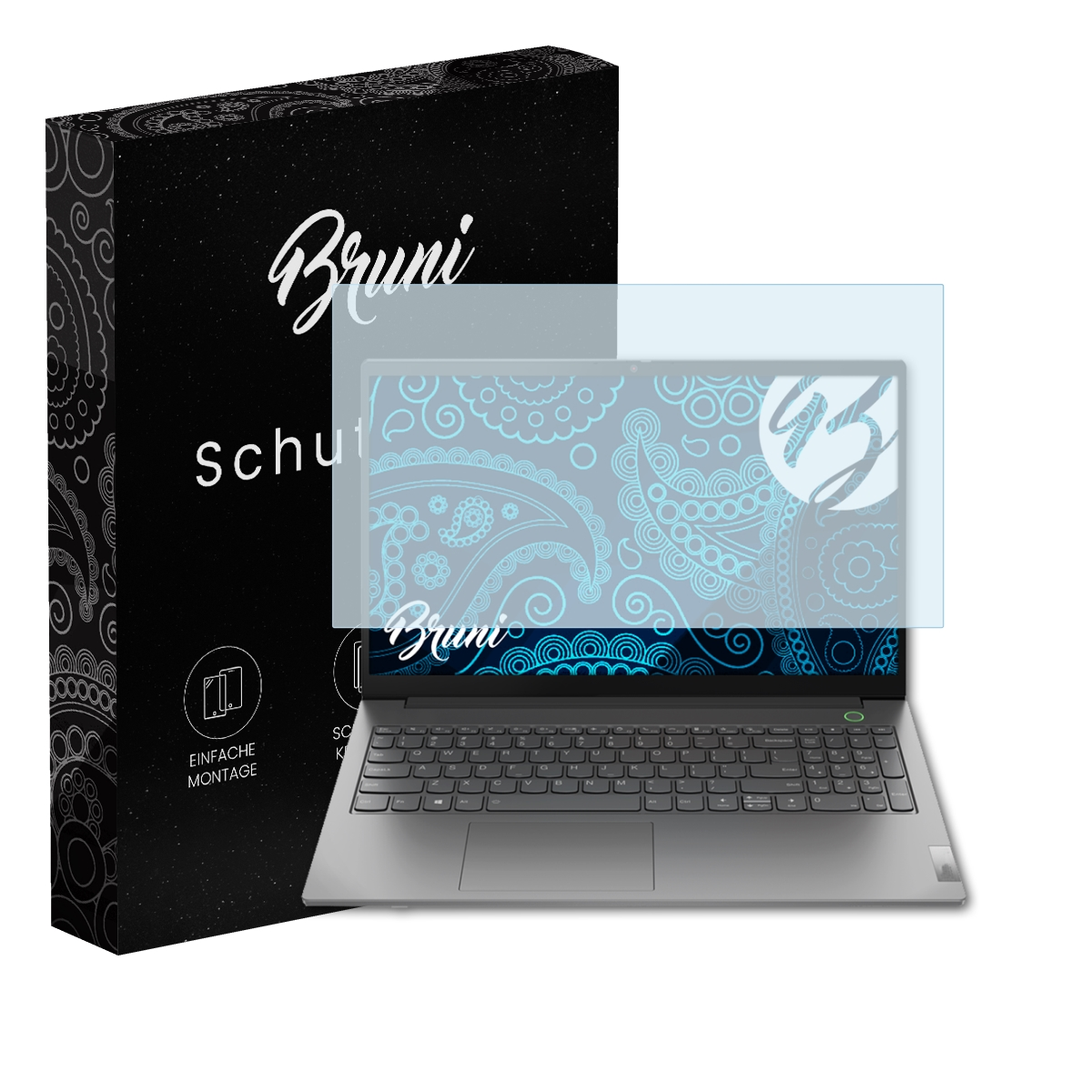 Laptop mit Displayschutzfolie, Box links. Blaues Design auf dem Laptop-Bildschirm.