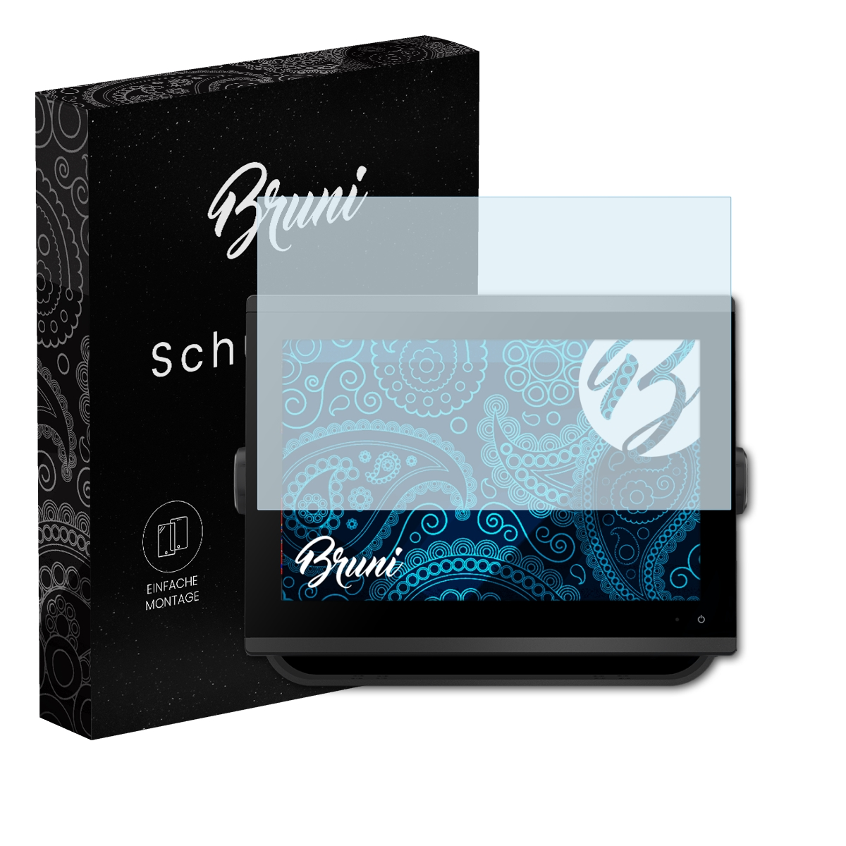 Ein Displayschutz, eine Schachtel mit Text und ein Tablet. Der Schutz ist transparent und bedeckt einen Teil des Bildschirms.