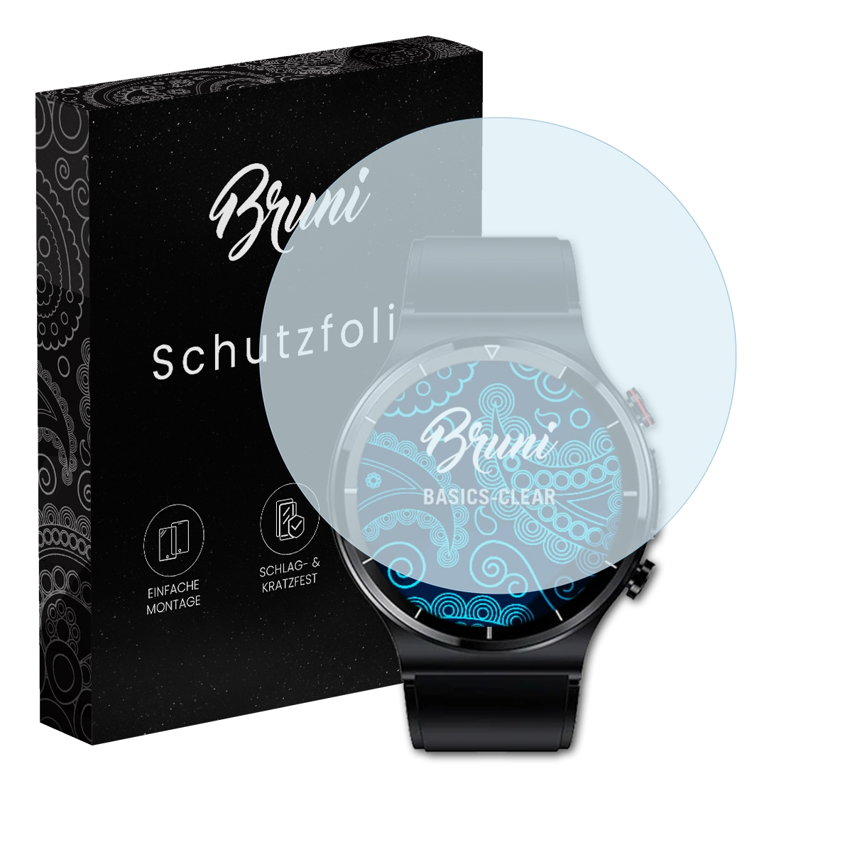 Ein Displayschutz, eine Schachtel mit Text und eine Smartwatch. Der Schutz ist transparent und bedeckt das Uhrendisplay.