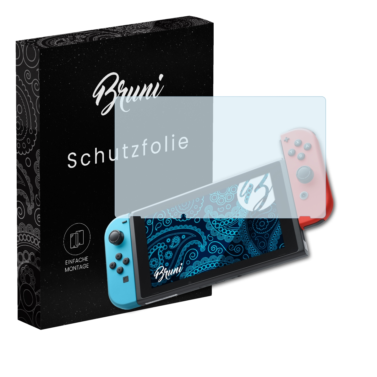 Eine Spielkonsole mit Displayschutzfolie und einer Bruni-Box. Konsole ist schwarz, Schutz ist klar.