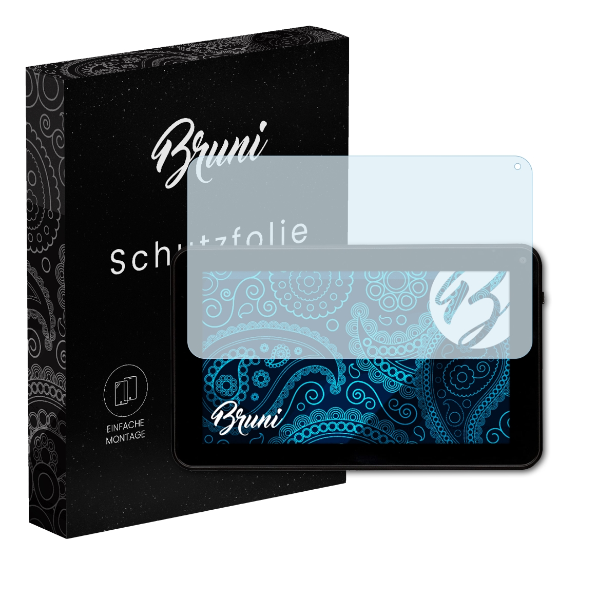 Ein Tablet mit Displayschutzfolie, eine Box mit Text und dem Bruni-Logo.