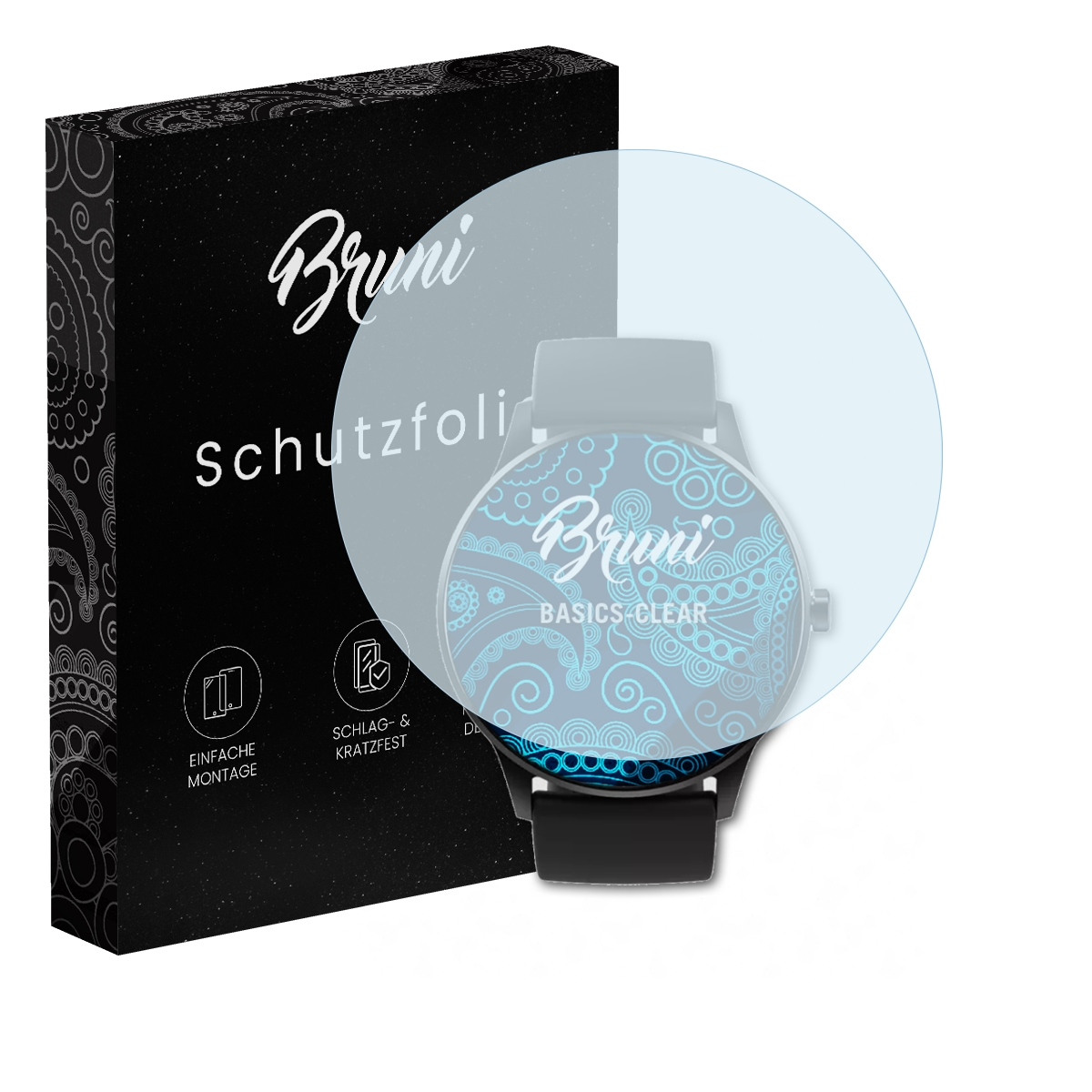 Eine Smartwatch mit Displayschutzfolie, eine Box mit Text und dem Bruni-Logo.