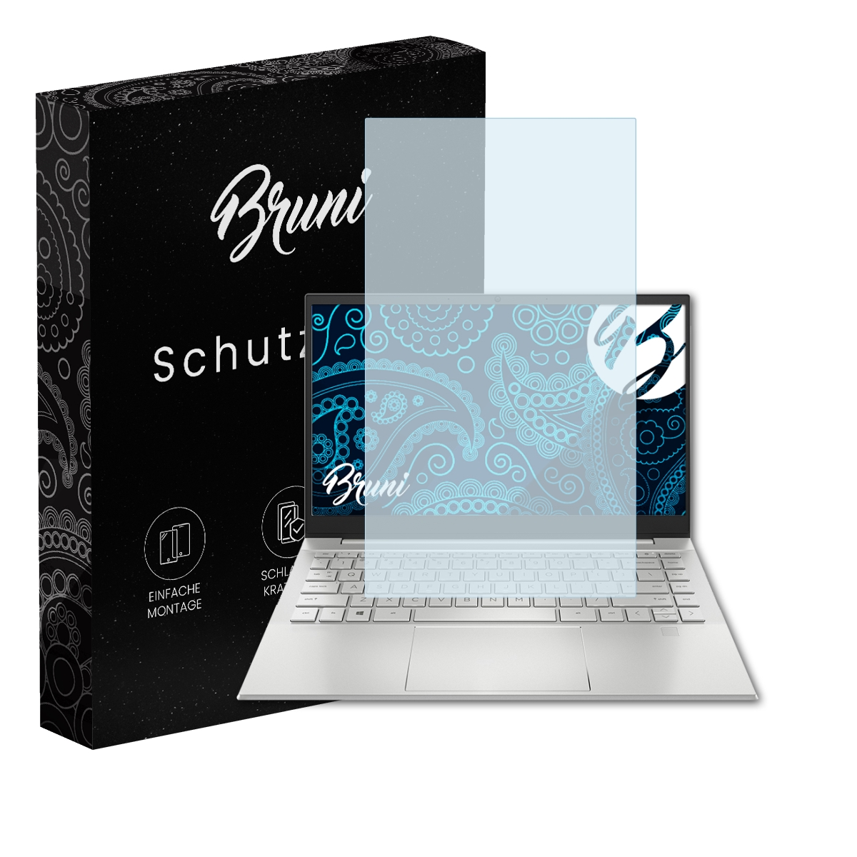 Schwarze Box mit Text und ein Laptop mit Displayschutzfolie.
