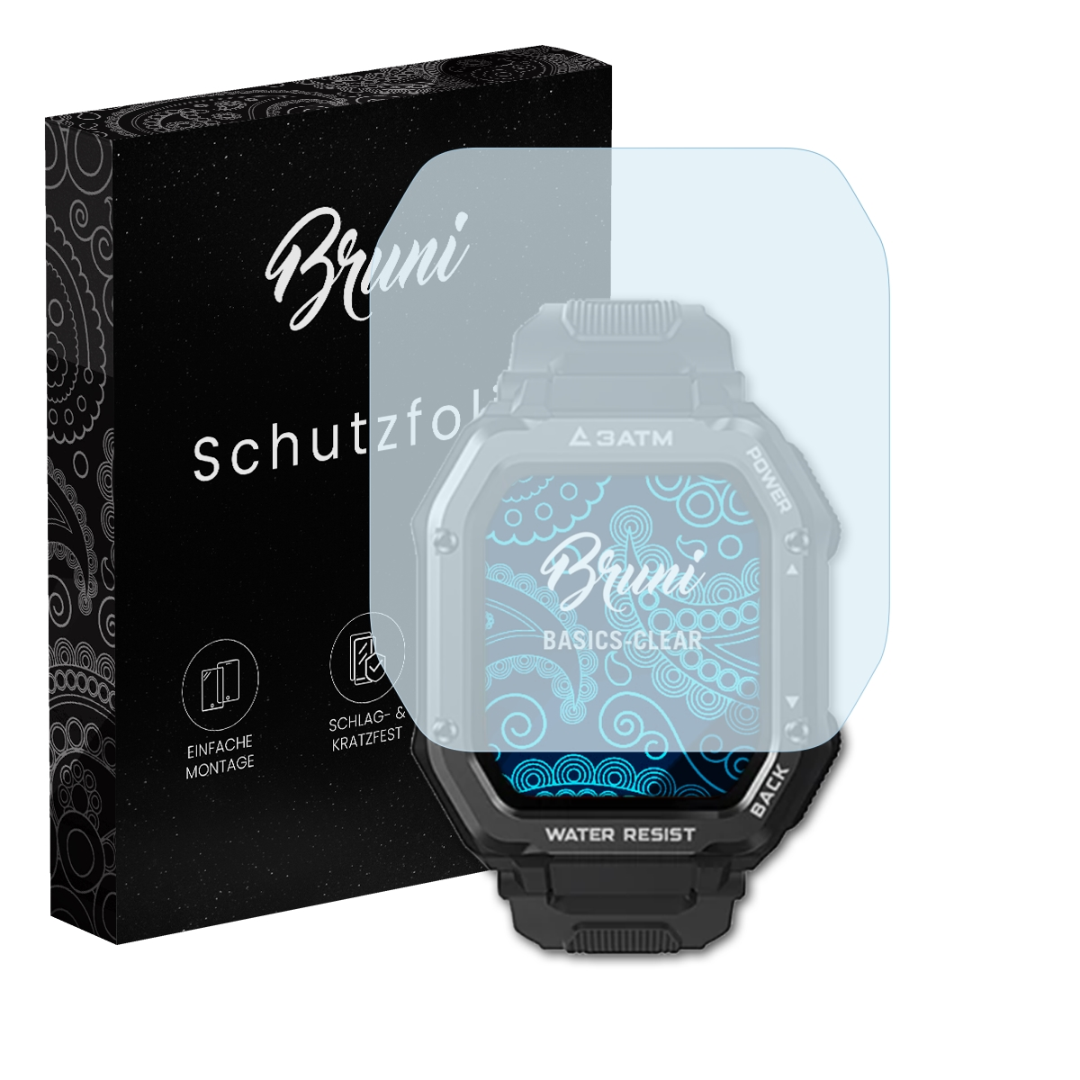 Smartwatch mit Displayschutz, Box links. Schutz bedeckt den Bildschirm.