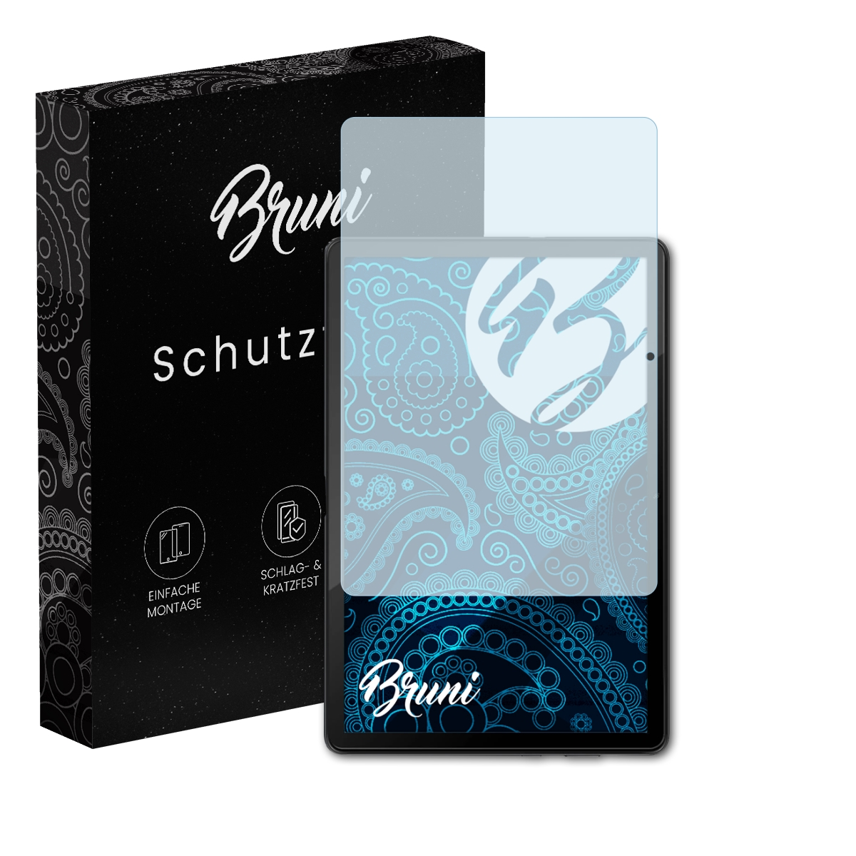 Ein Tablet mit Displayschutzfolie und eine schwarze Box mit weißem Text und Symbolen.