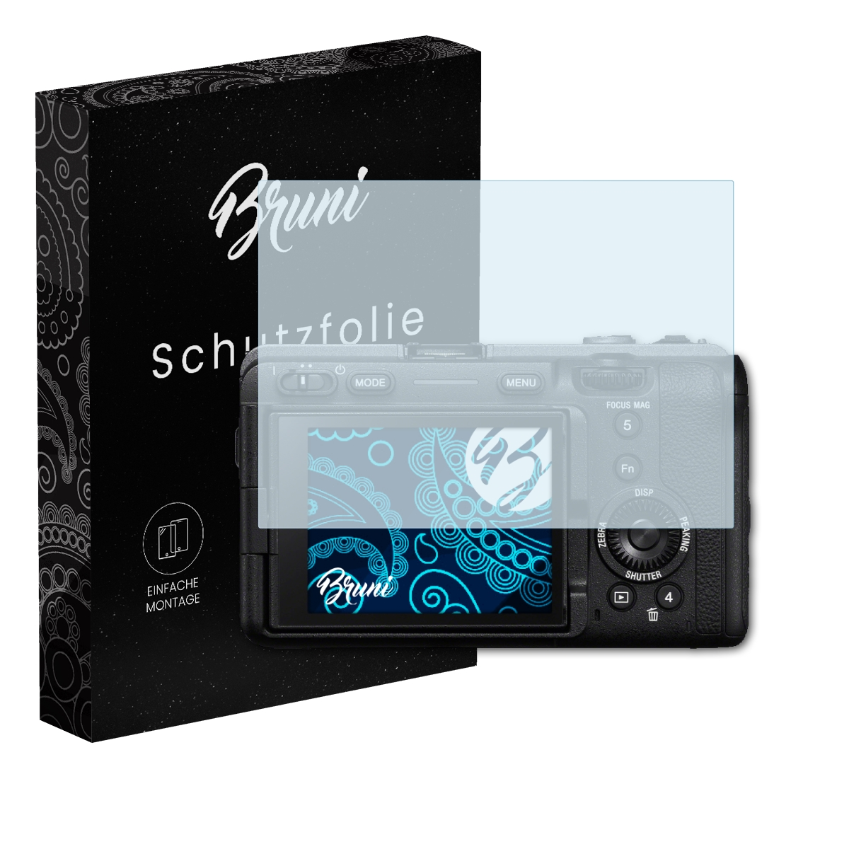 Kamera mit Displayschutzfolie und Box. Die Box ist schwarz mit weißem Text. Der Schutz ist klar.