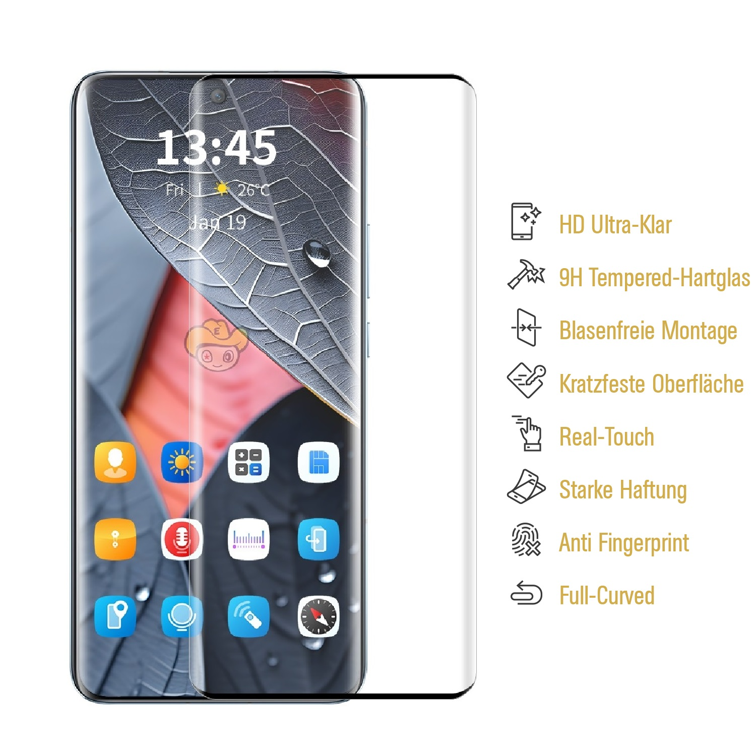 Ein Telefon mit Displayschutzfolie. Der Bildschirm zeigt die Uhrzeit und Symbole. Text steht rechts.