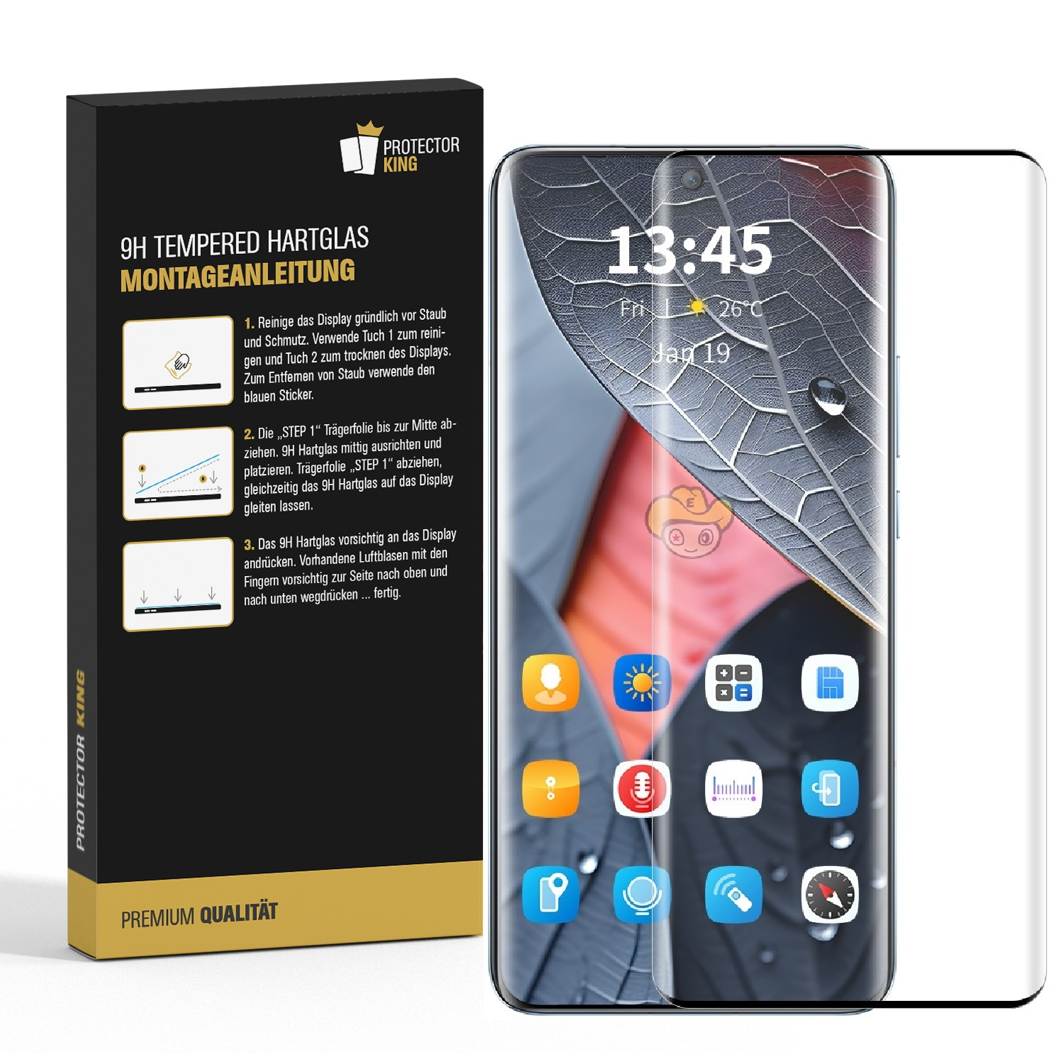 Eine schwarze Box mit weißem Text und ein Telefon mit Displayschutzfolie. Anweisungen stehen auf der Box.