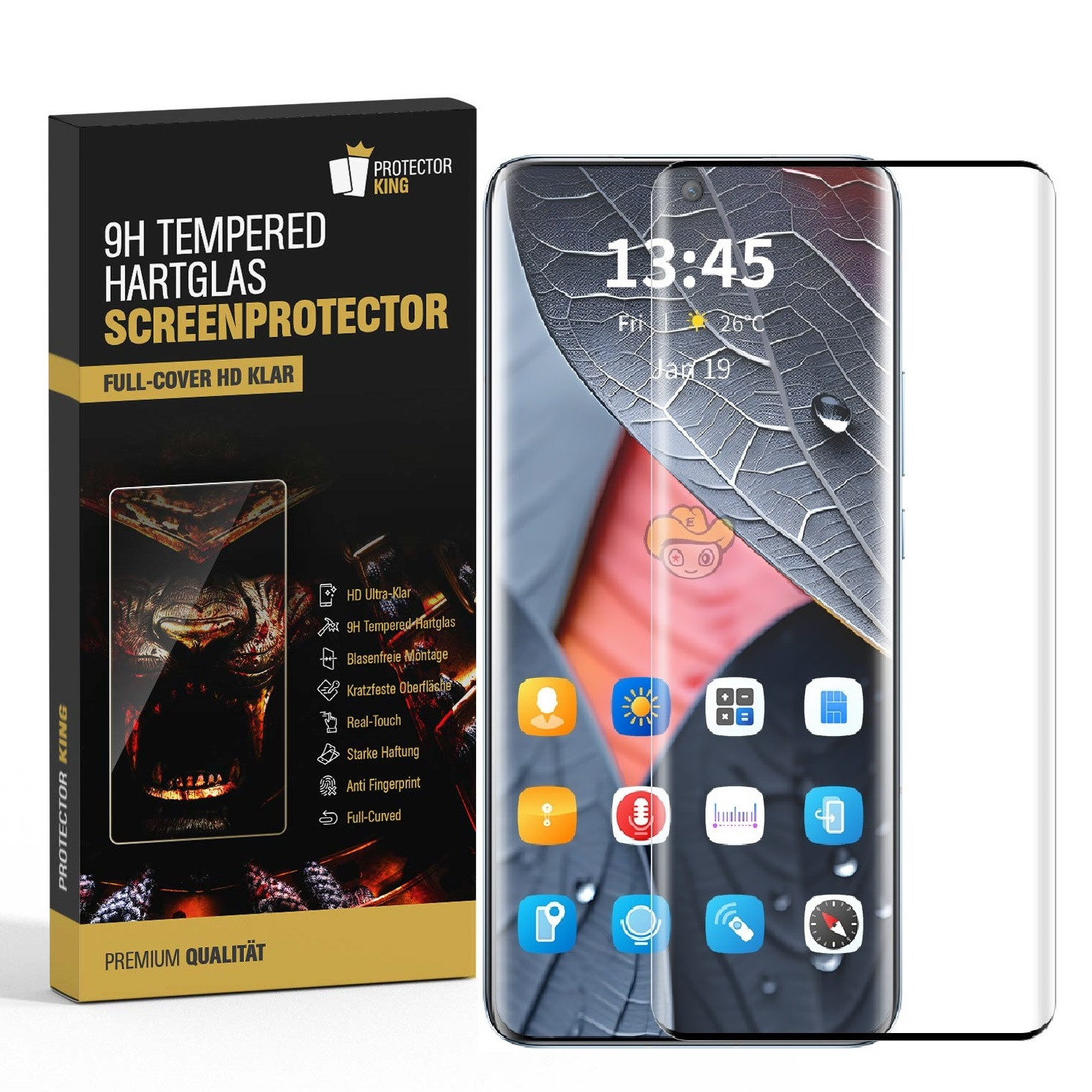 Telefon mit Displayschutz, Box im Hintergrund. Text: 'Screenprotector'.