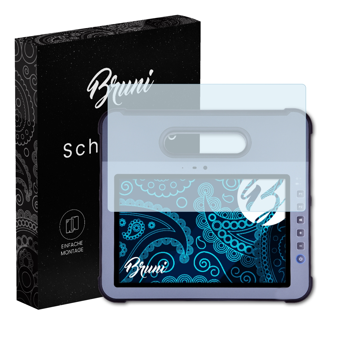 Ein Tablet mit Displayschutz, eine Schachtel mit dem Markennamen 'Bruni' und dem Text 'Schutzfolie'.