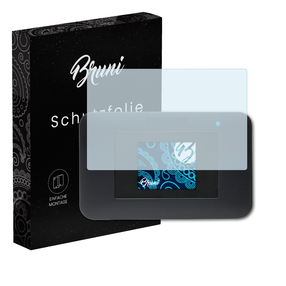 Mobiler Hotspot mit Displayschutz und Schachtel. Schachtel hat Branding, Bildschirm zeigt Design. Schutz bedeckt es.