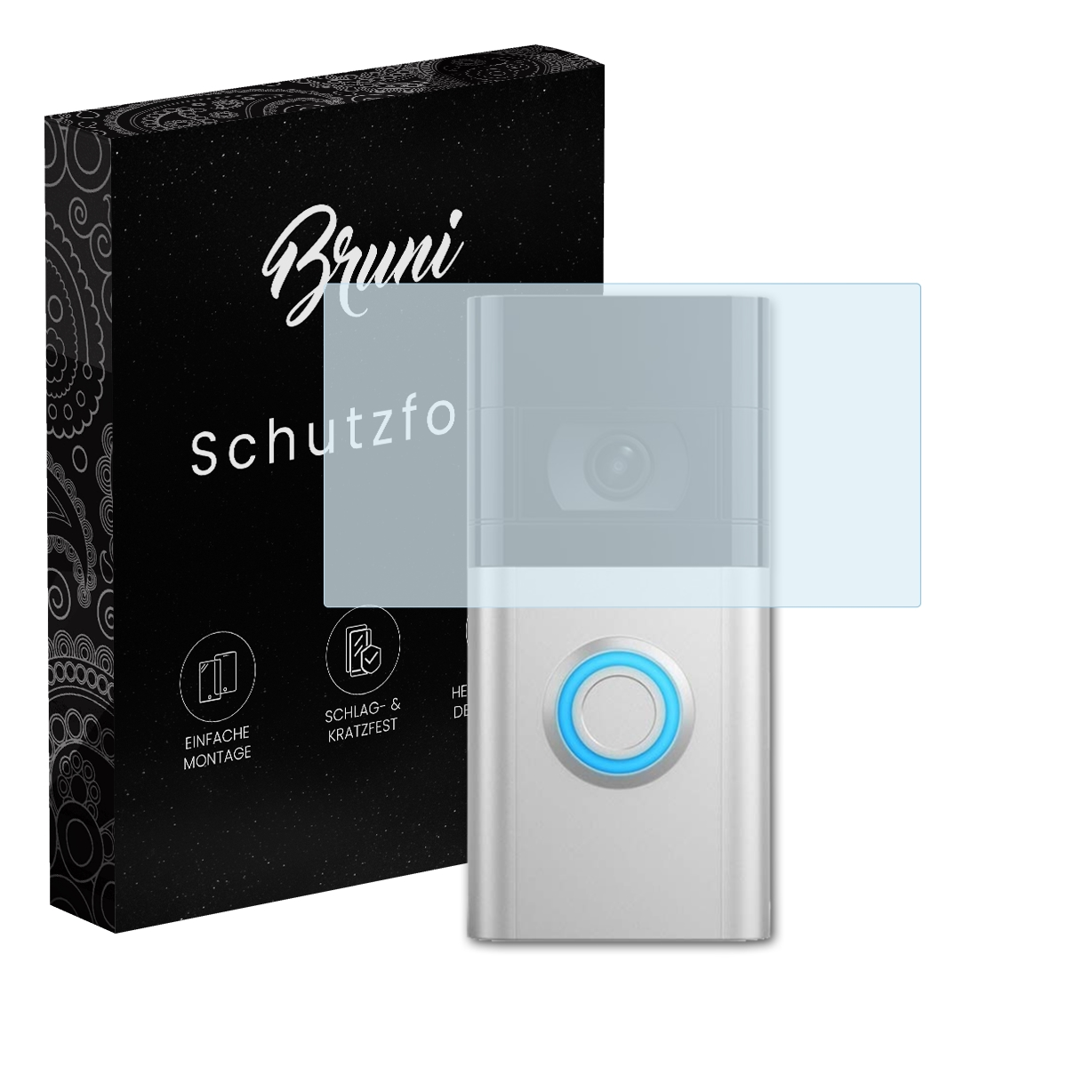 Türklingel mit Displayschutzfolie. Eine Box mit Bruni Schutzfolie befindet sich links.