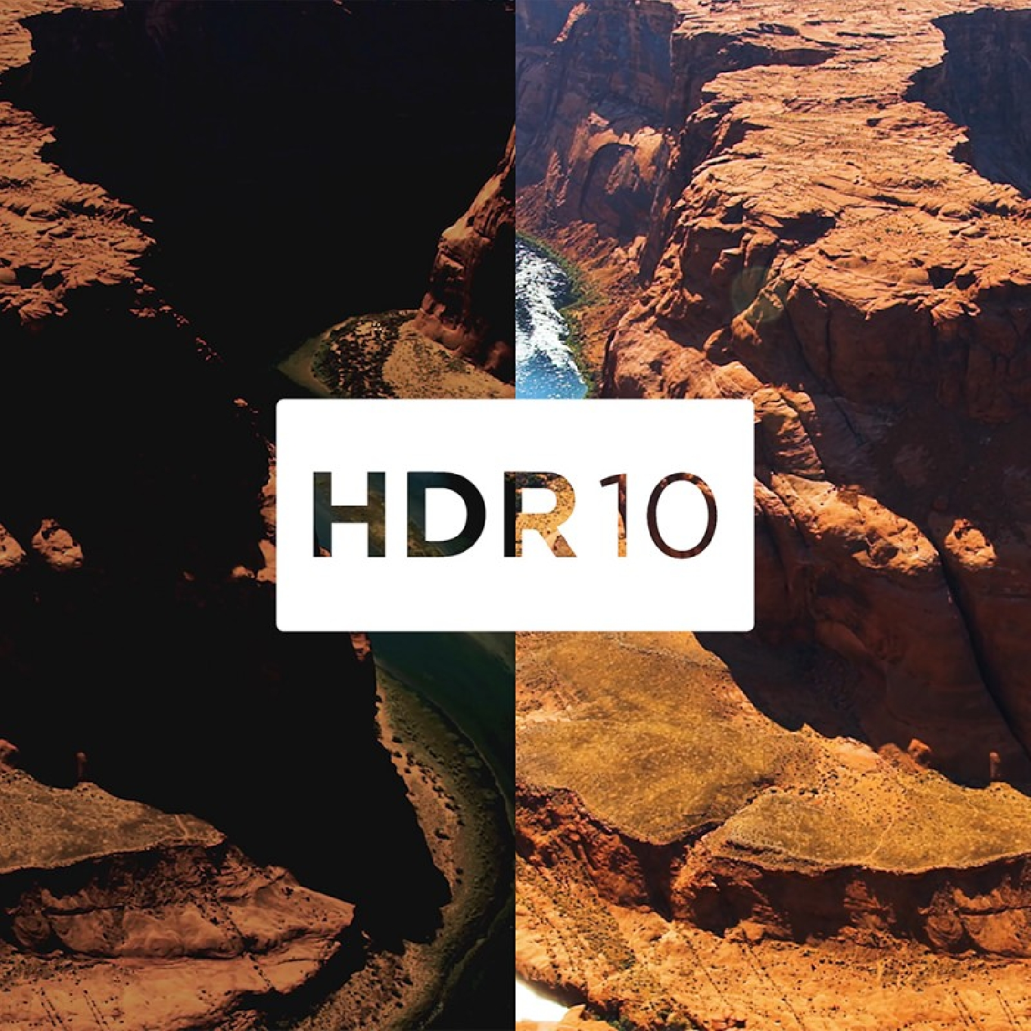Obraz podzielony na dwie części przedstawiający kanion. Tekst 'HDR10' jest nałożony na obraz.